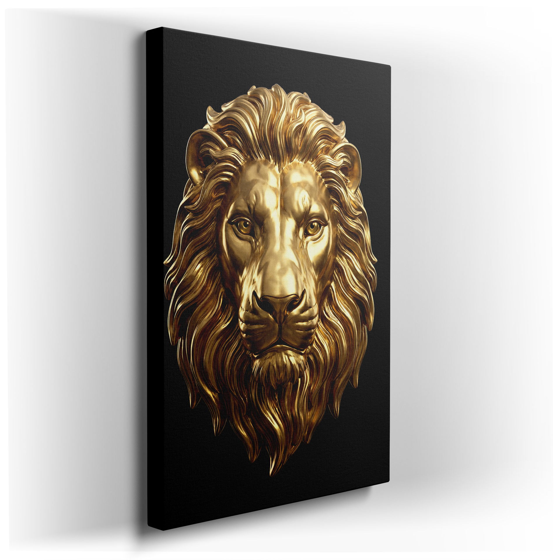 Detailed Wrapped Canvas wall art featuring a golden lion's head with a regal mane against a stark black backdrop.