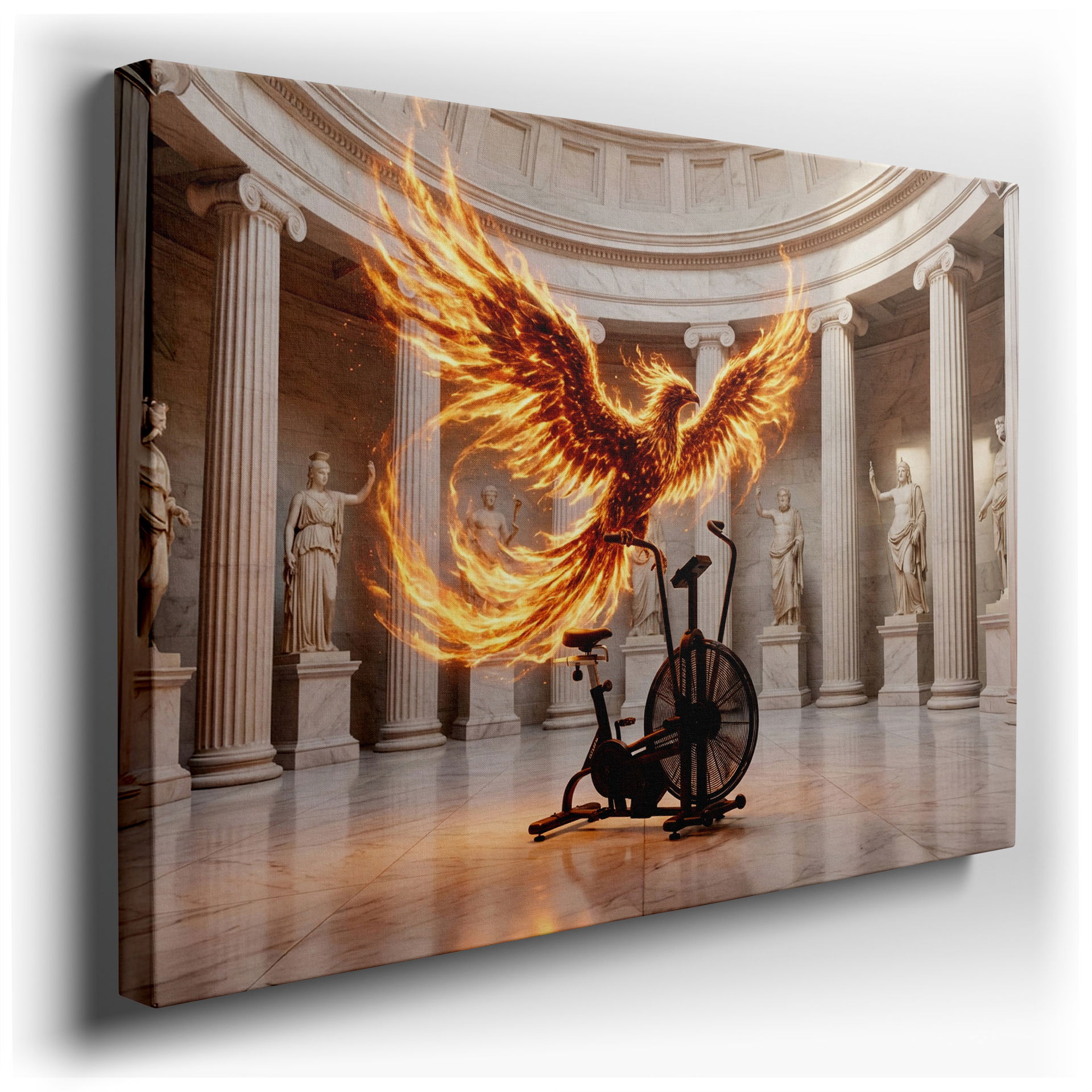 A fiery phoenix art piece is shown above an exercise bike. A dramatic wall art addition to an otherwise stately home.
