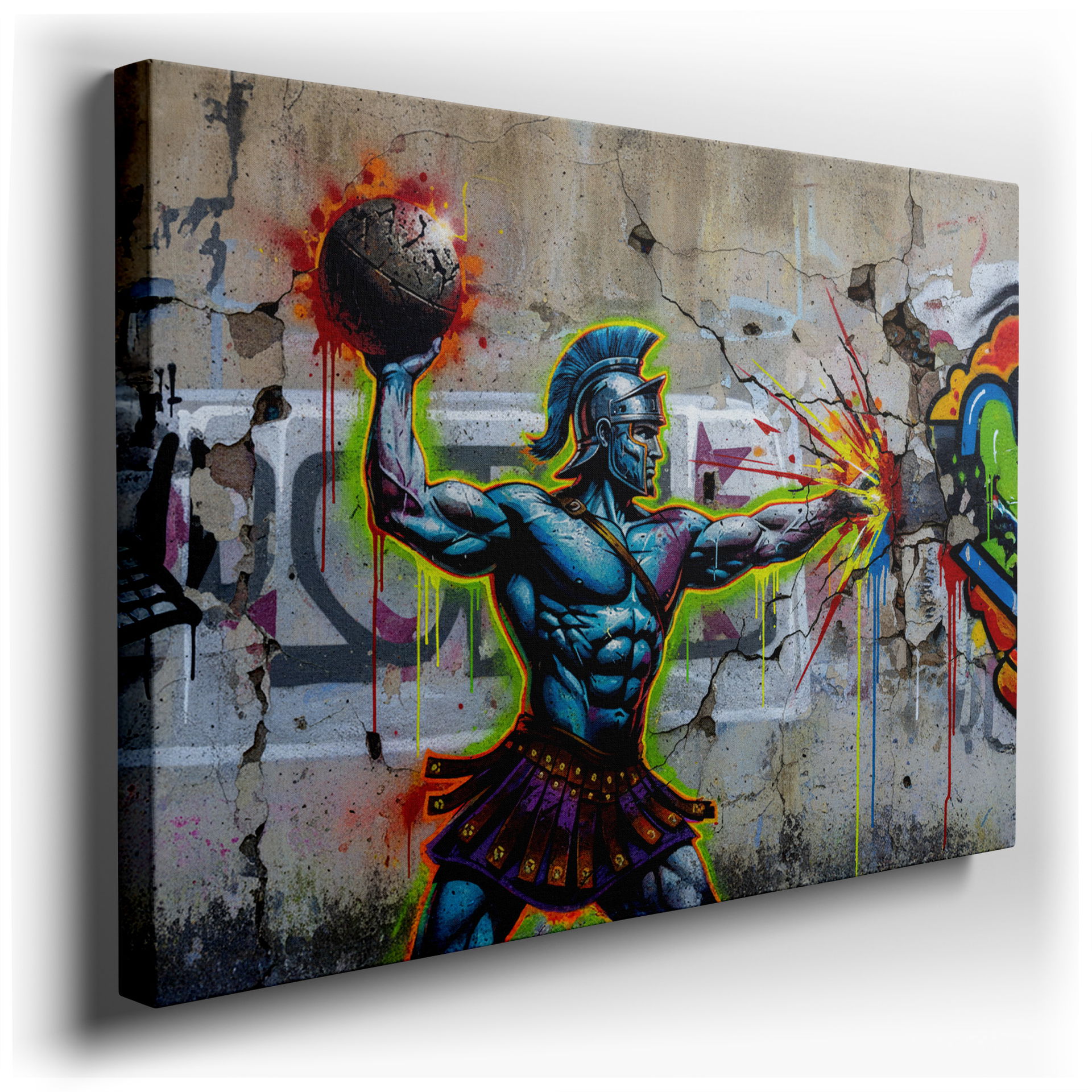 Graffiti-style wall art of a blue warrior holding a fiery ball against a textured, cracked wall.