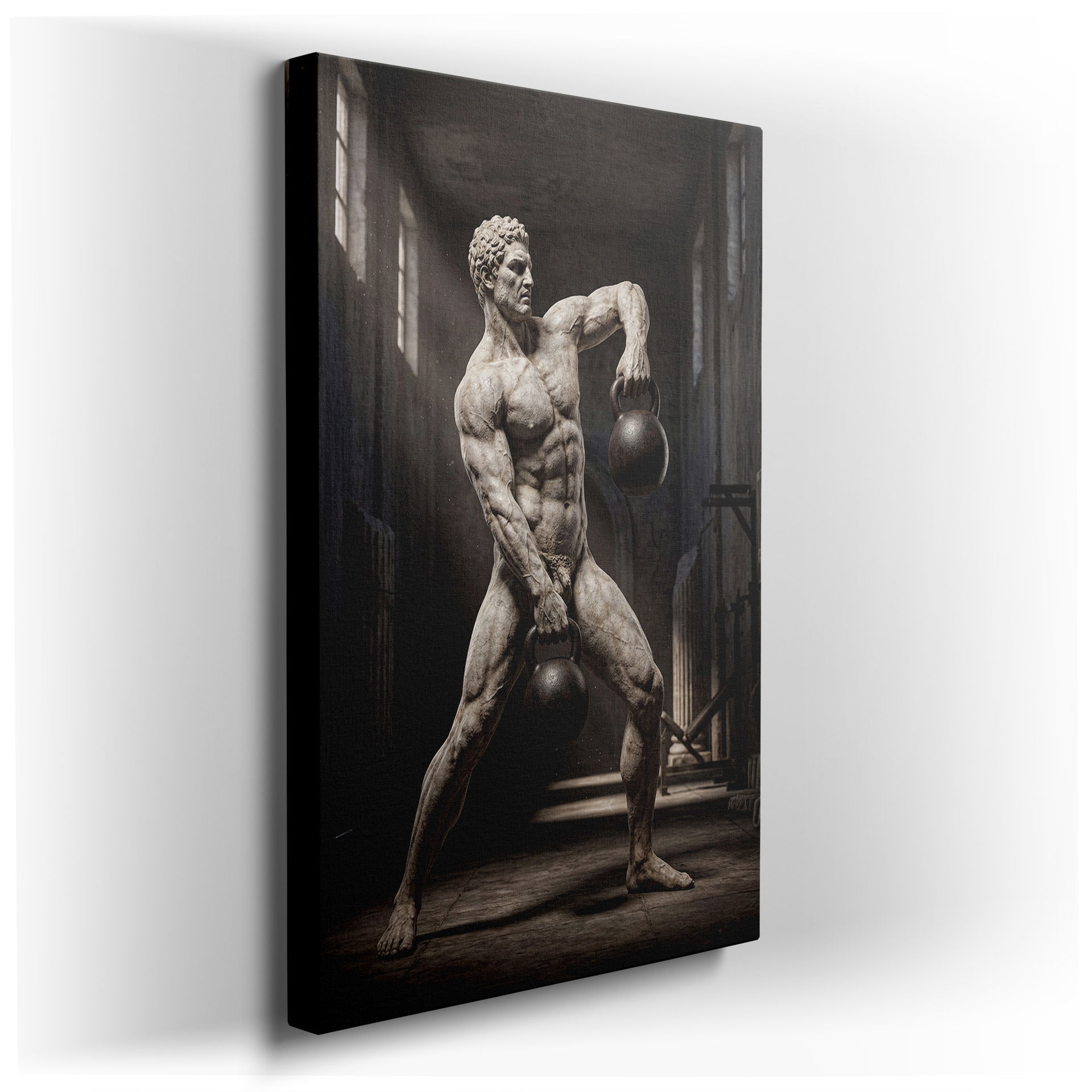 Marble athlete sculpture lifting weights in a classical architectural setting - stunning wall art.