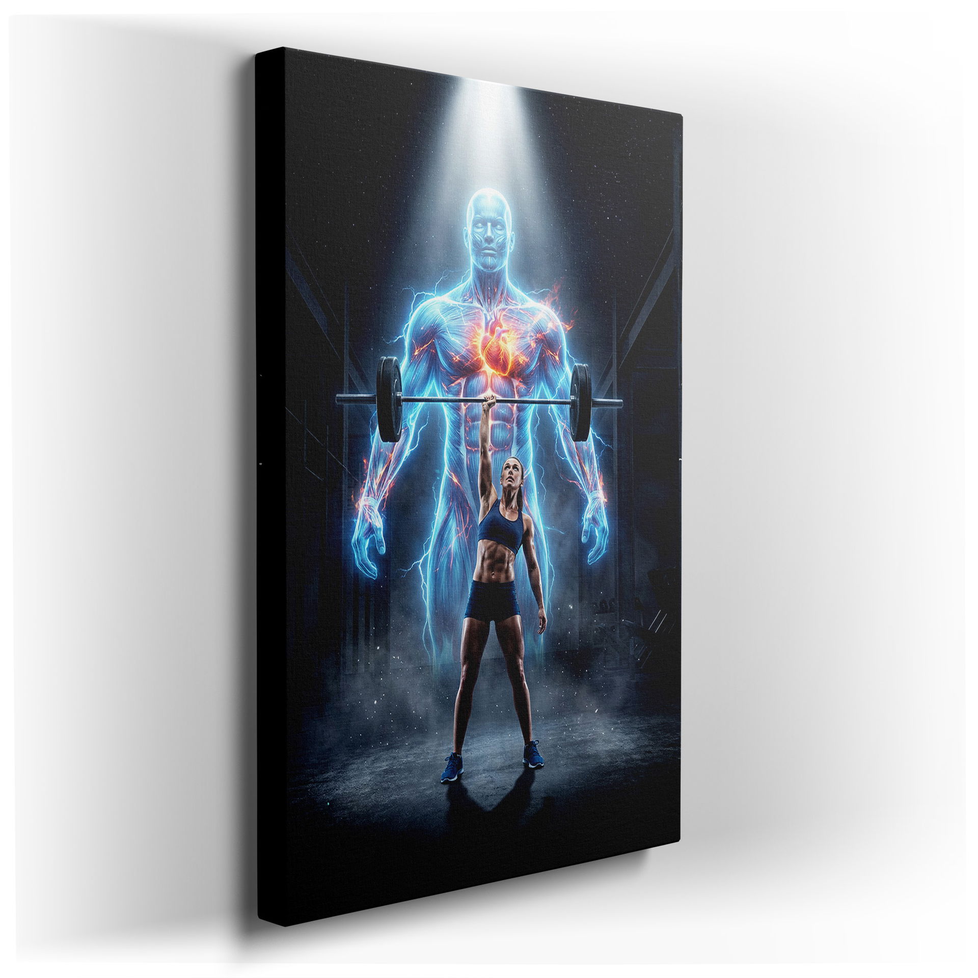 A woman lifting weights with anatomical overlay, a great gym wall art addition to your home decor.