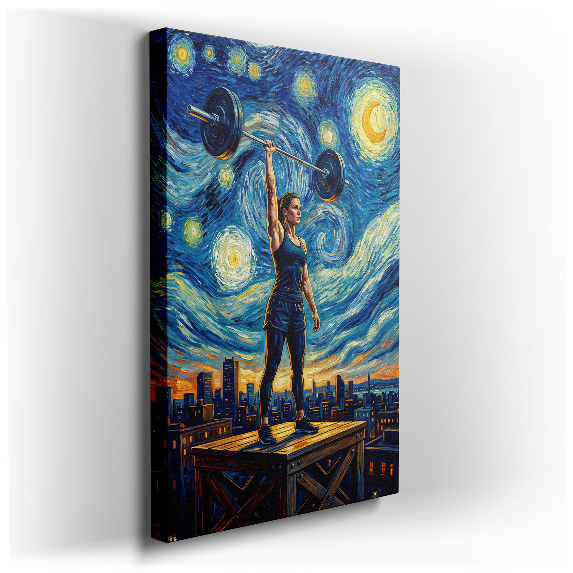 A vibrant weightlifter wall art piece inspired by Van Gogh's Starry Night.