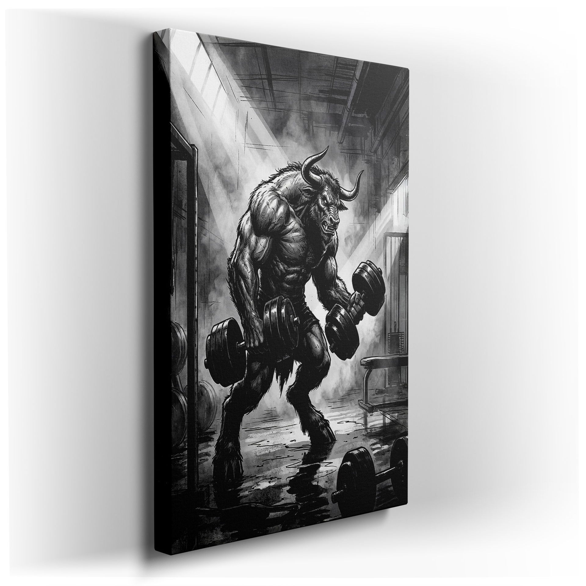 Black and white wall art depicting a Minotaur powerfully lifting weights in a stark, urban gym, epitomizing raw strength.