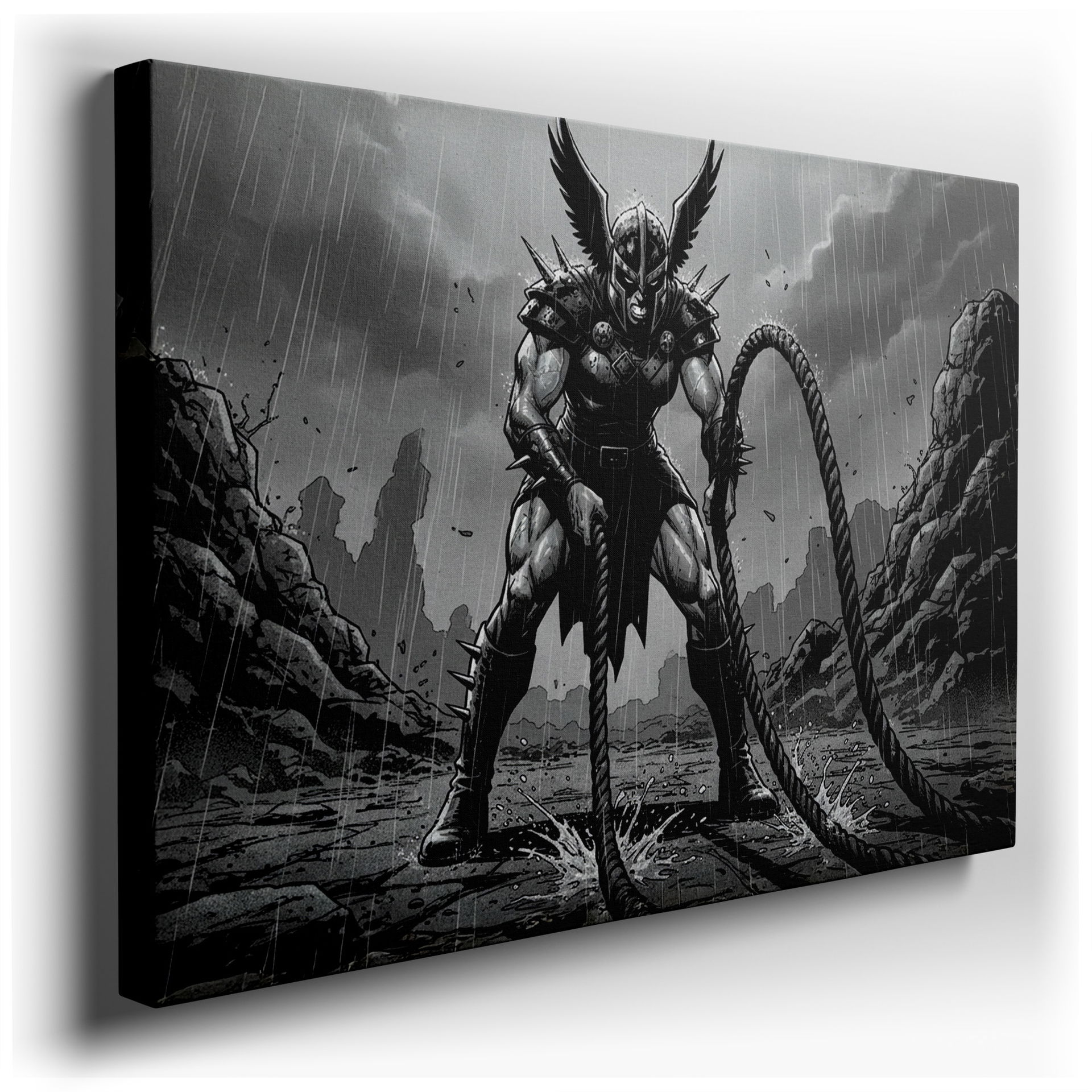 A striking wall art piece shows a warrior in spiked armor holding a rope, set in a rainy landscape.