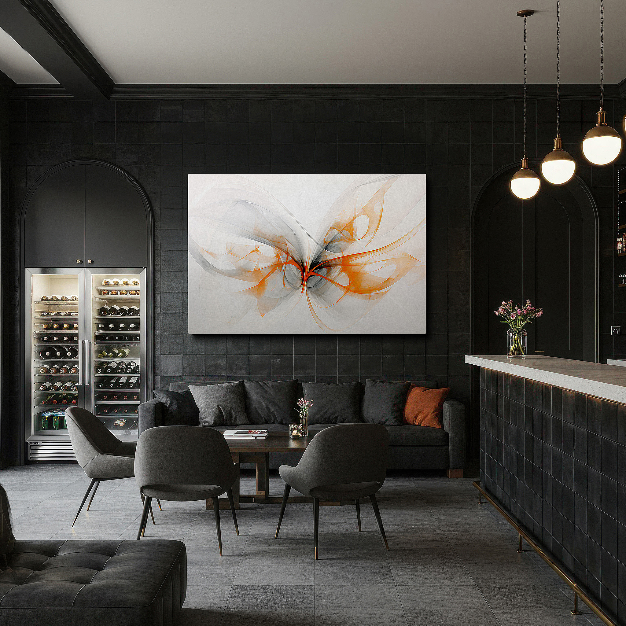 Aligned with a curated gallery wall of abstract artworks — abstract butterfly art in flowing lines with calming gradients of gray and orange, symbolizing transformation - large canvas wall decor