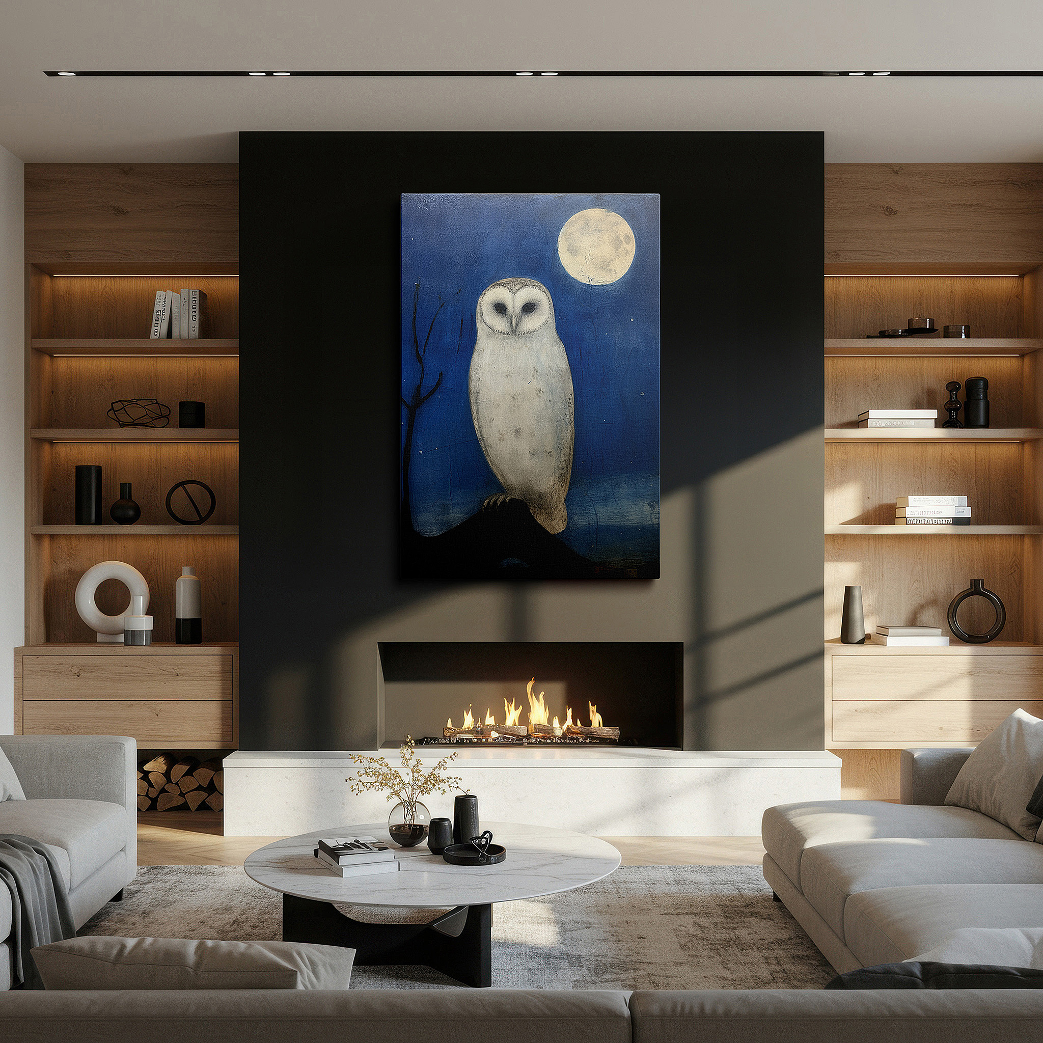 Aligned with a curated gallery wall of abstract artworks — barn owl under a bright moon large canvas wall art, symbolizing peace and solitude, ideal for office decor