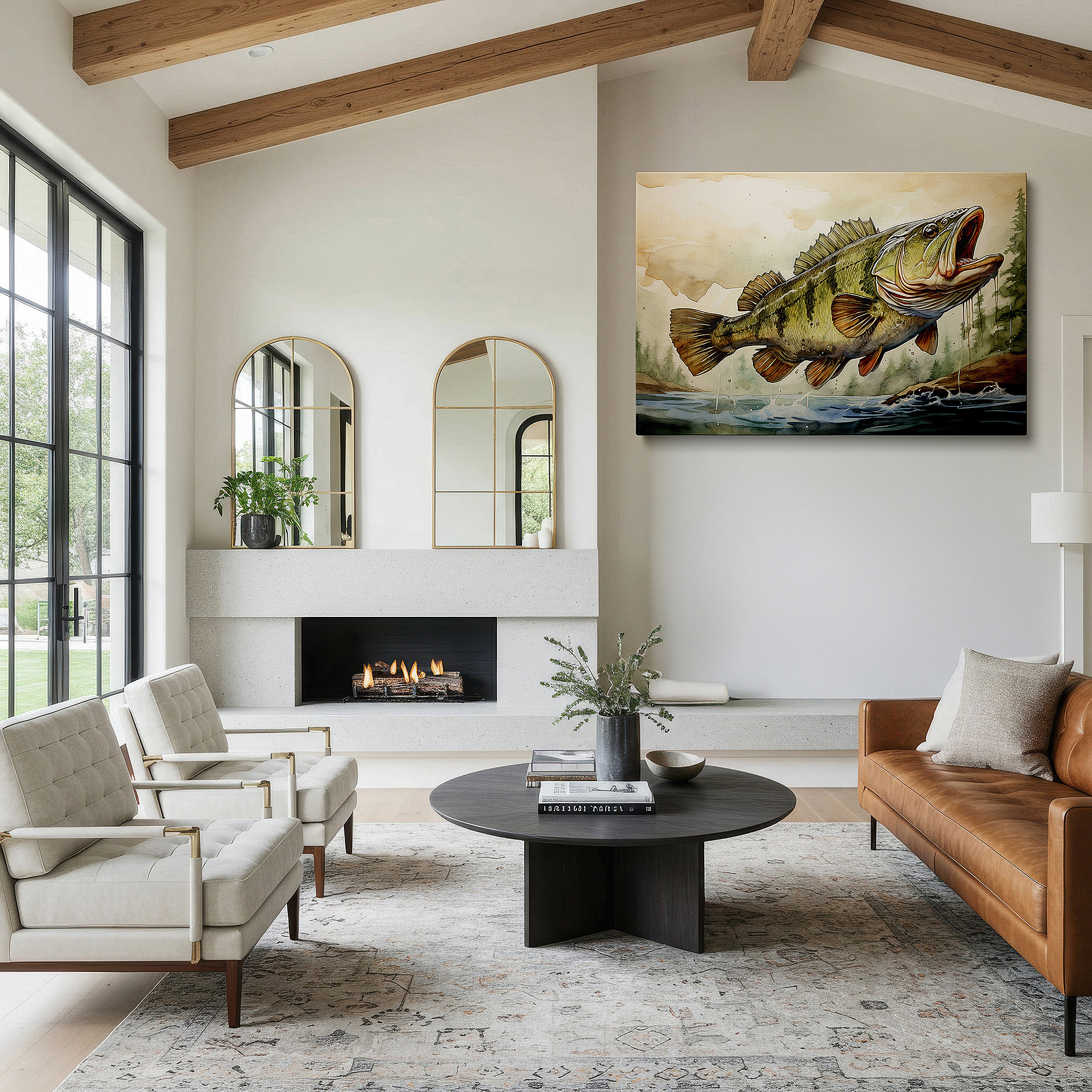 Aligned with a curated gallery wall of abstract artworks — bass fish leaping in a lush green setting, elegant nature scene large wall art, canvas wall art, wall decor for office