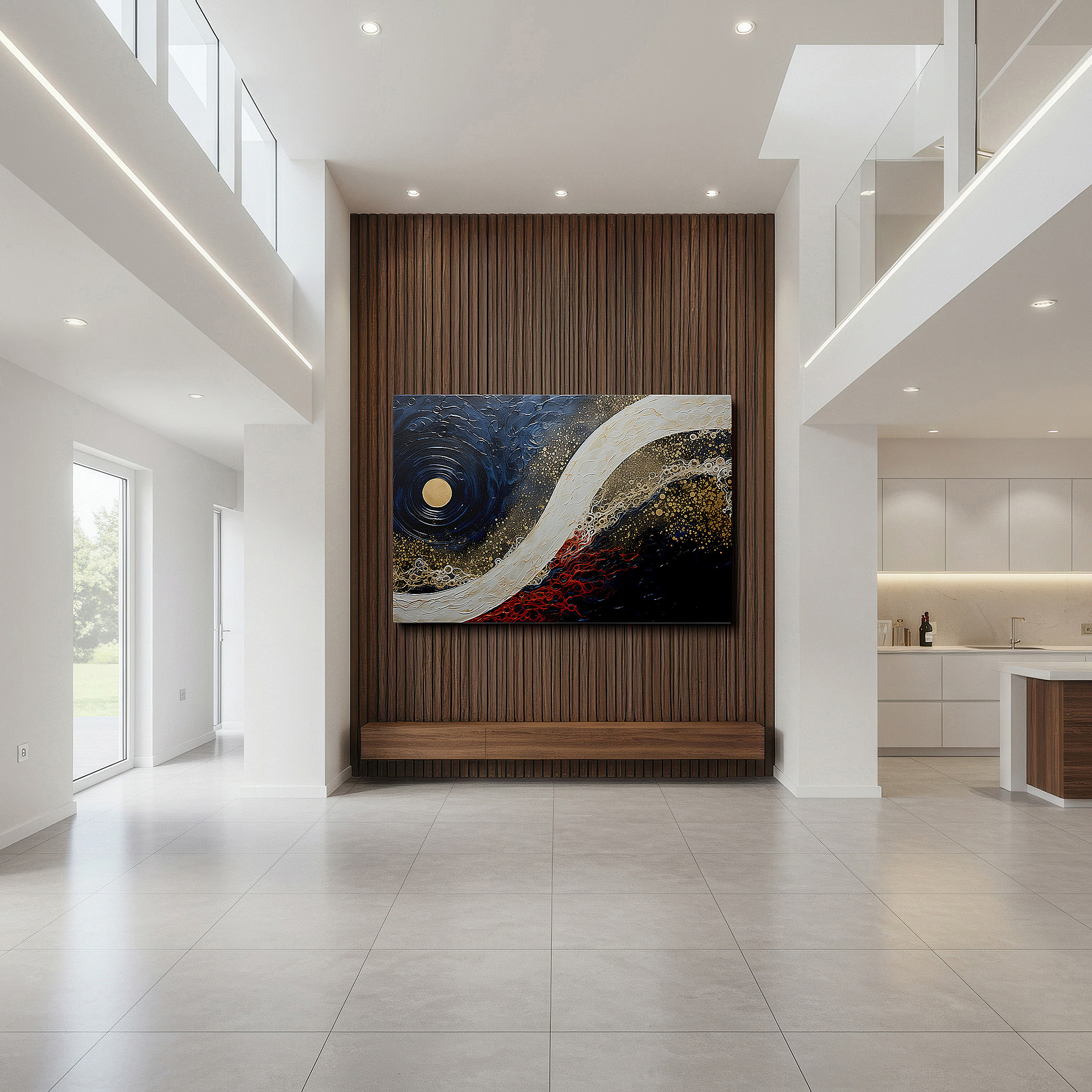 Aligned with a curated gallery wall of abstract artworks — blue, white, and gold elegance - abstract expression and natural harmony masterpiece large wall art, canvas wall art, wall art decor for office