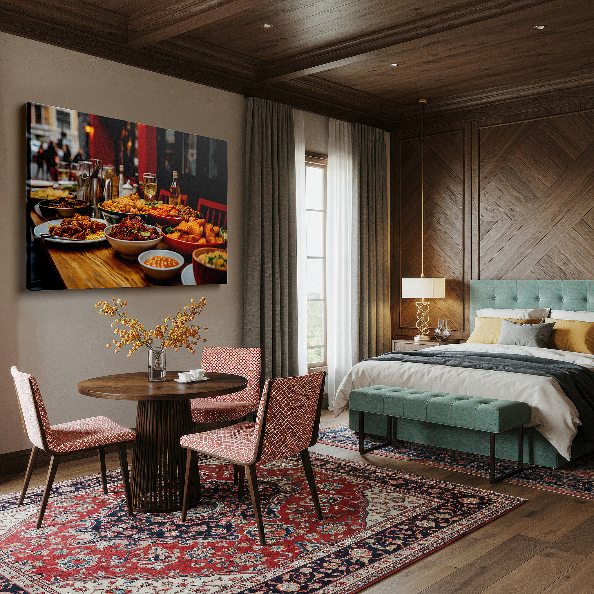 Aligned with a curated gallery wall of abstract artworks — a celebration of chinese cuisine: dynamic and engaging dining atmosphere with large wall art, canvas pieces, and decor for offices and bedrooms