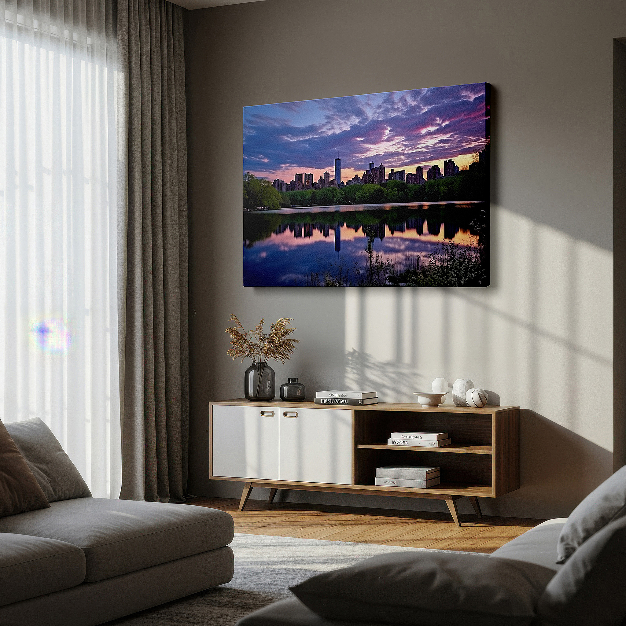 Aligned with a curated gallery wall of abstract artworks — central park dusk - a tranquil fusion of natural and city grace large wall art, canvas wall art, wall decor, office wall art, bedroom wall art, living room art