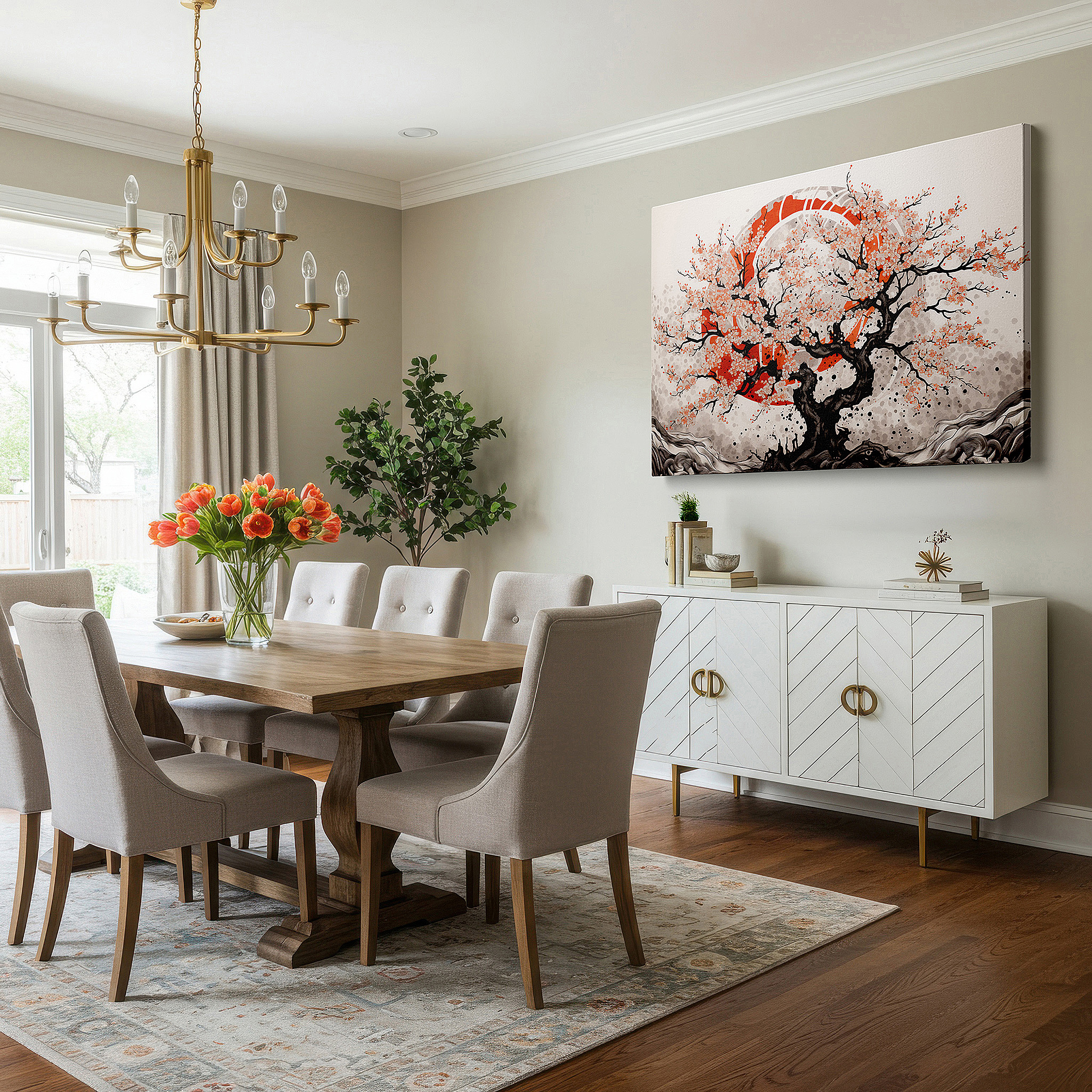 Aligned with a curated gallery wall of abstract artworks — cherry blossom tree at sunset - capturing nature's ephemeral beauty in large canvas wall art