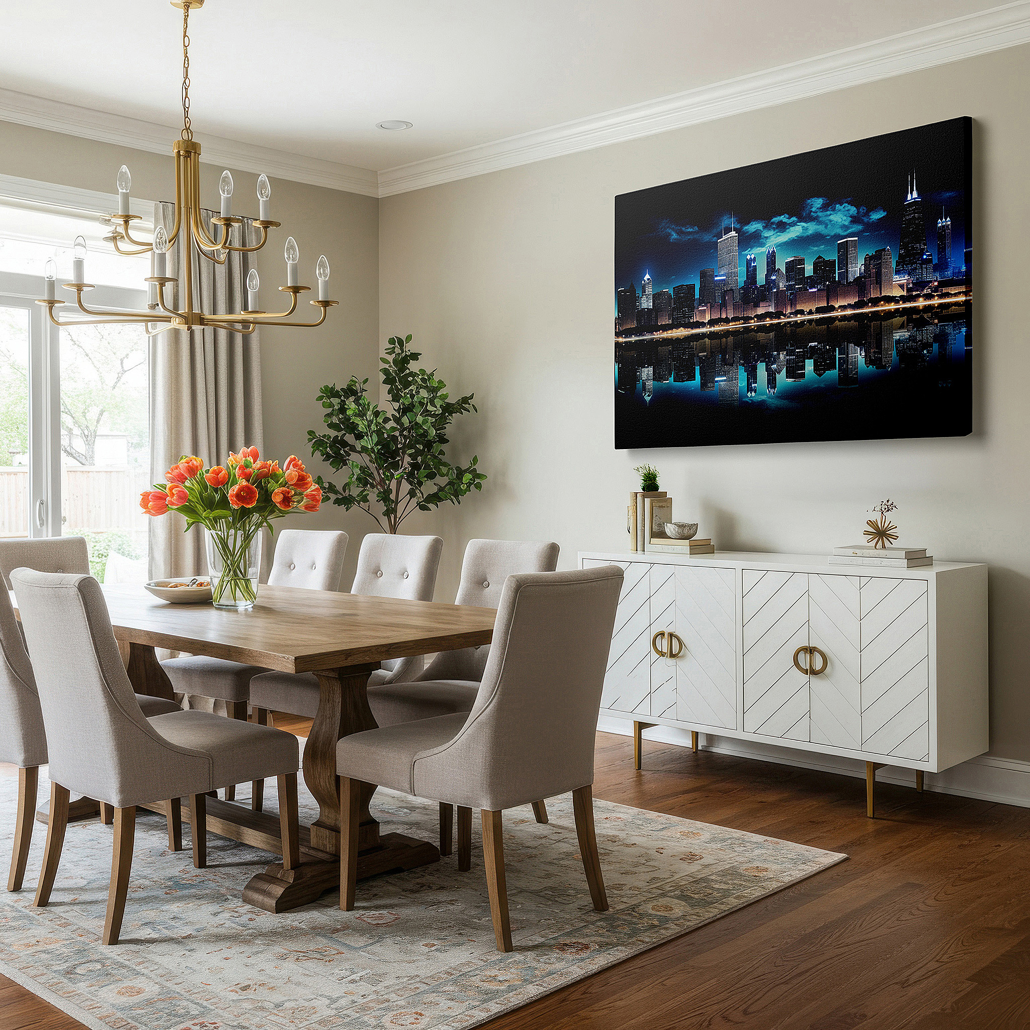 Aligned with a curated gallery wall of abstract artworks — chicago skyline wall art: urban elegance and architectural beauty, large canvas for office or bedroom decor