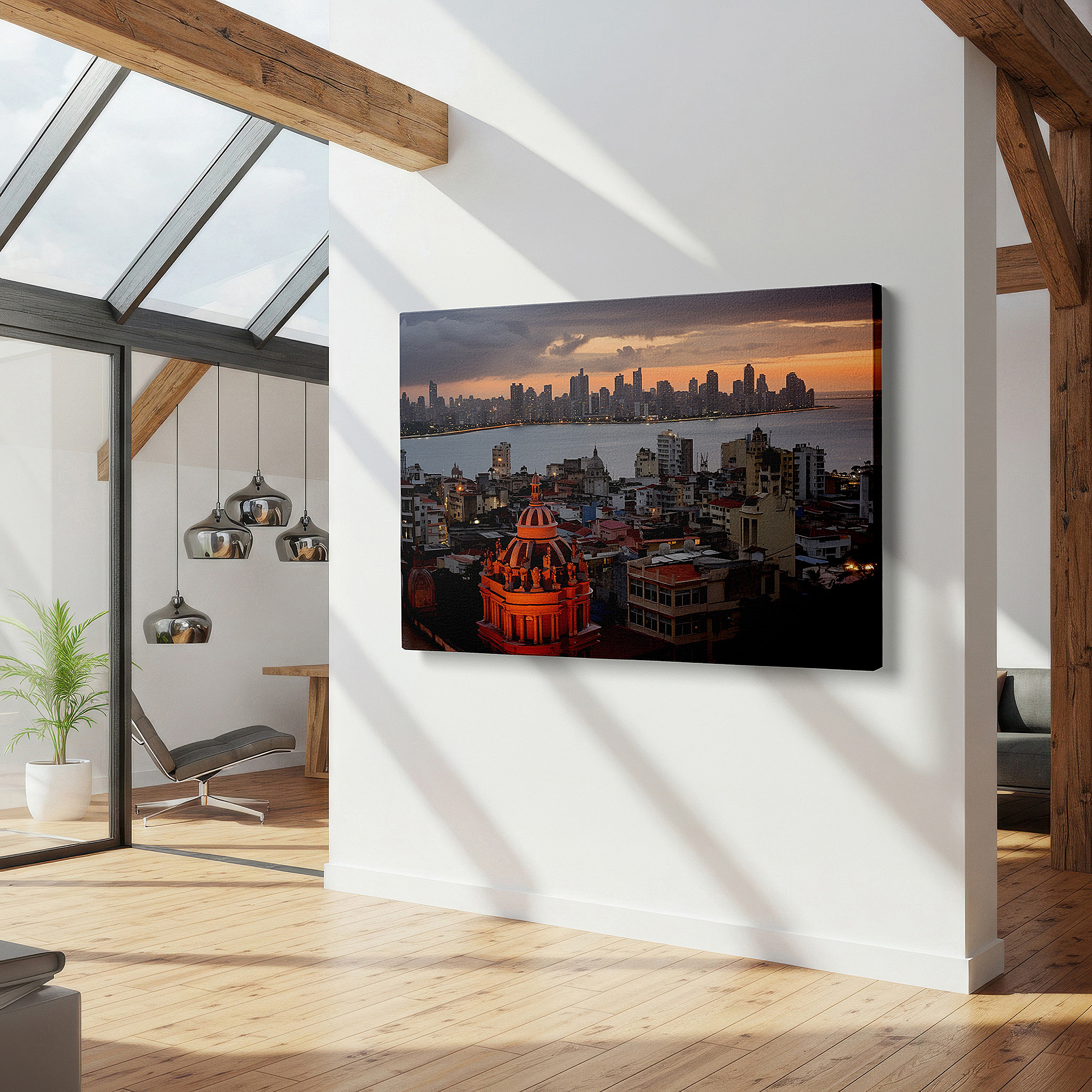 Aligned with a curated gallery wall of abstract artworks — city sunset - reflective skyscrapers in a vibrant urban panorama large canvas wall art for office and bedroom decor