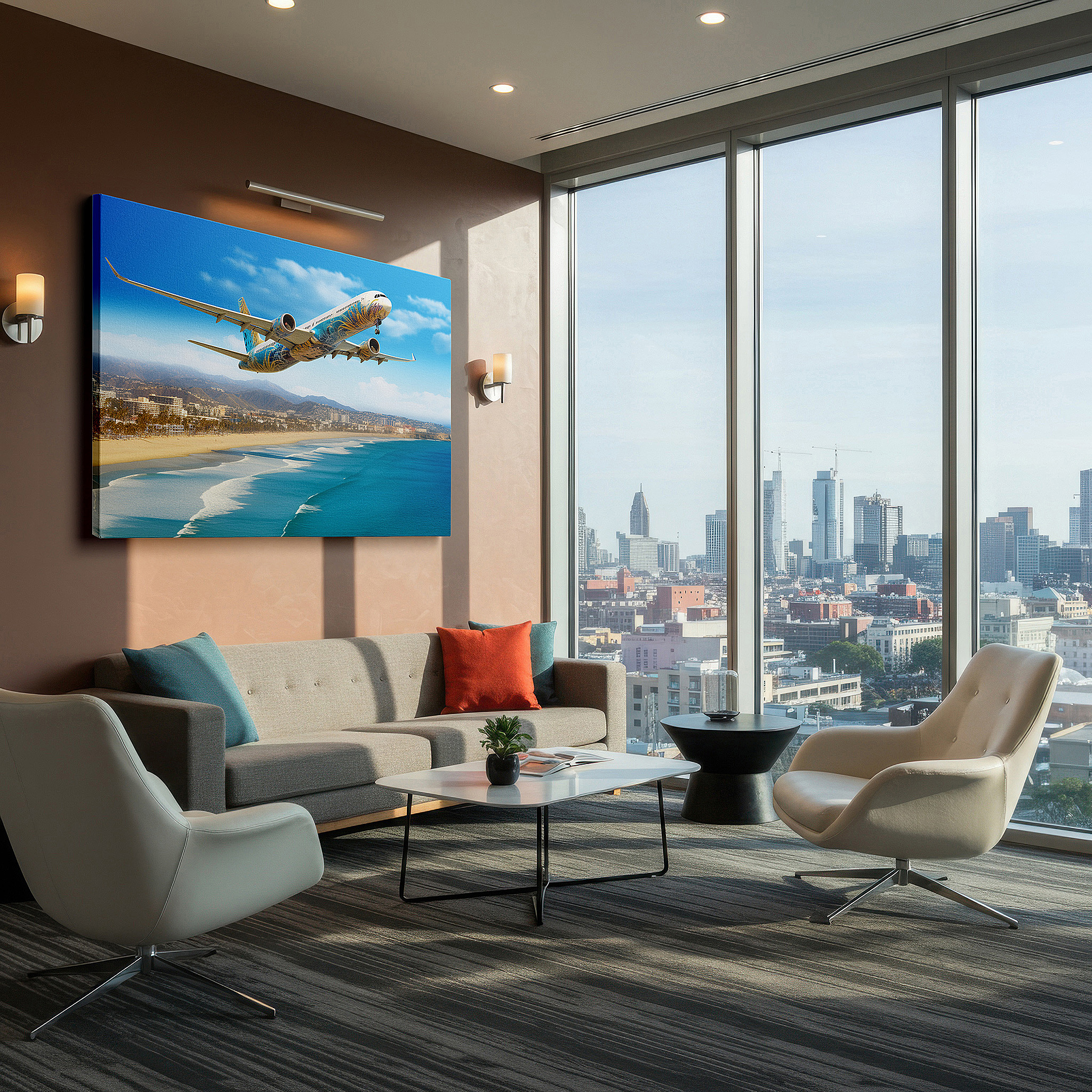 Aligned with a curated gallery wall of abstract artworks — coastal vista with soaring airplane canvas: inspiring adventure and serenity for office and bedroom wall decor