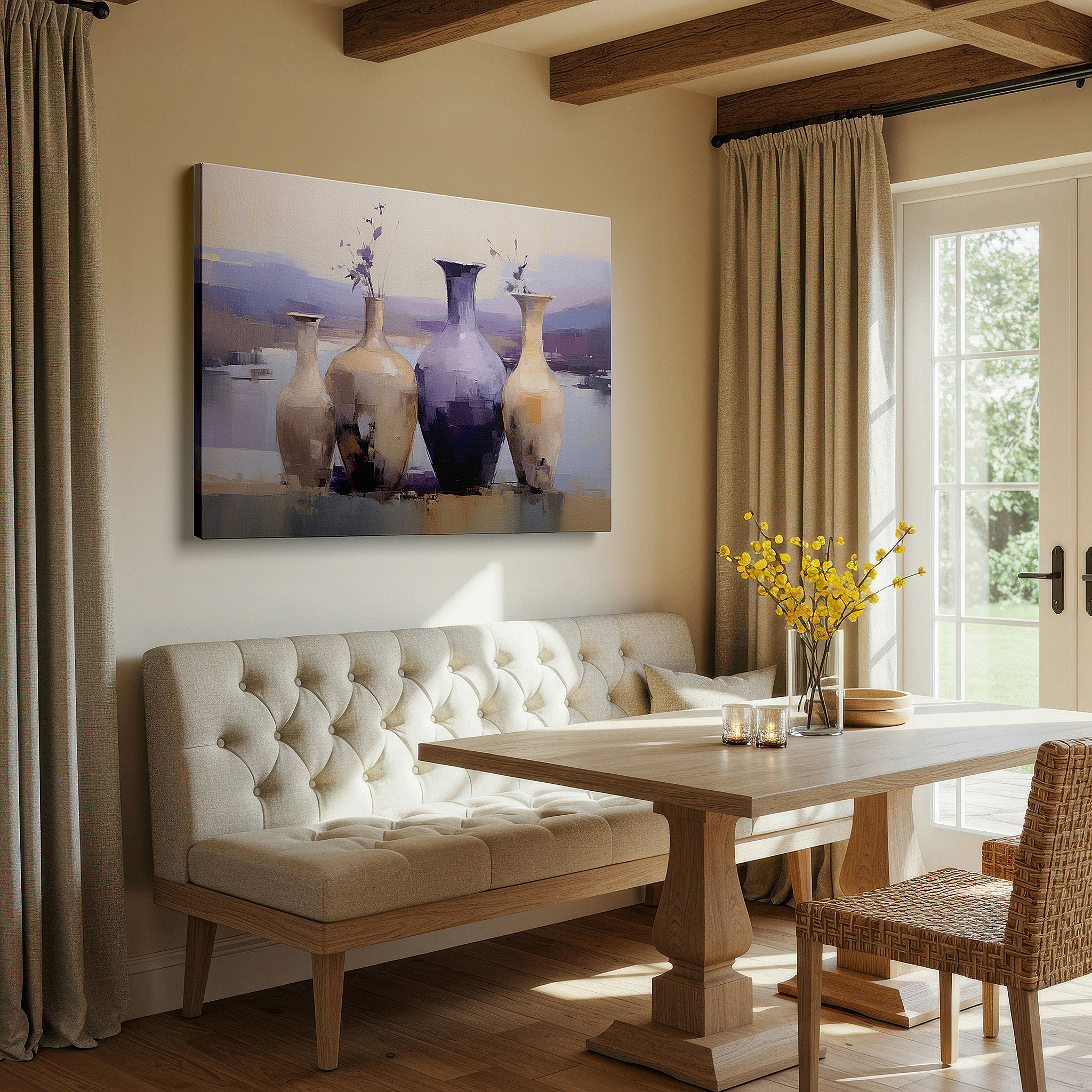 Aligned with a curated gallery wall of abstract artworks — contemporary vases by calm waters: a vibrant mix of vivid hues and peaceful imagery - oversized wall art, canvas prints, wall decor, office artwork