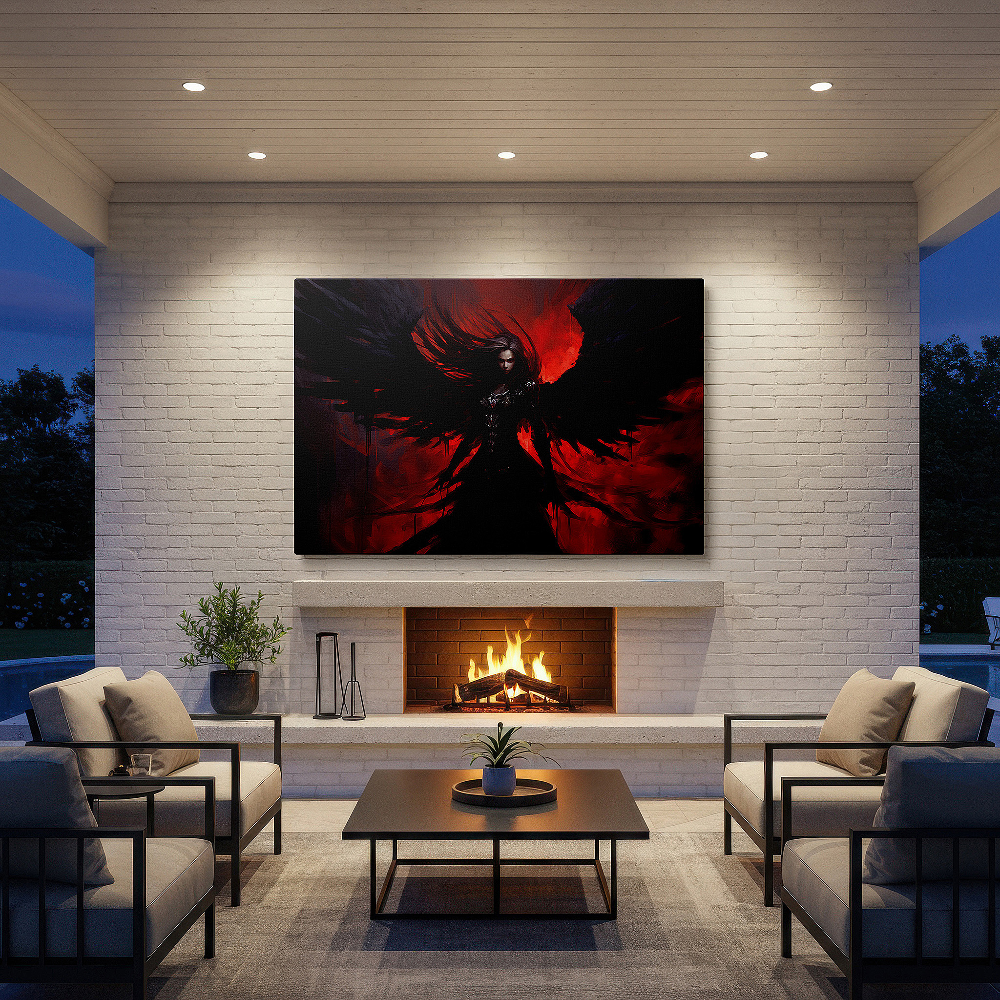 Aligned with a curated gallery wall of abstract artworks — dark angel in metallic armor with a crimson background, emblematic of resilience and mythical strength, large canvas wall art for office decor