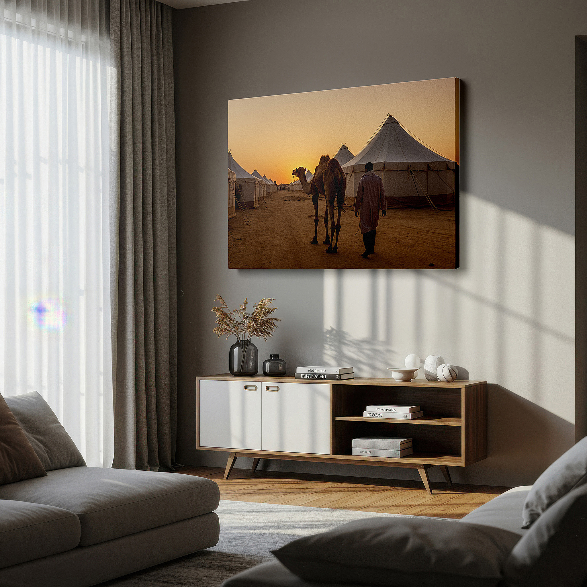 Aligned with a curated gallery wall of abstract artworks — desert sunrise wall art: camel and nomad scene, symbol of endurance in arid landscape - large canvas for home or office decor