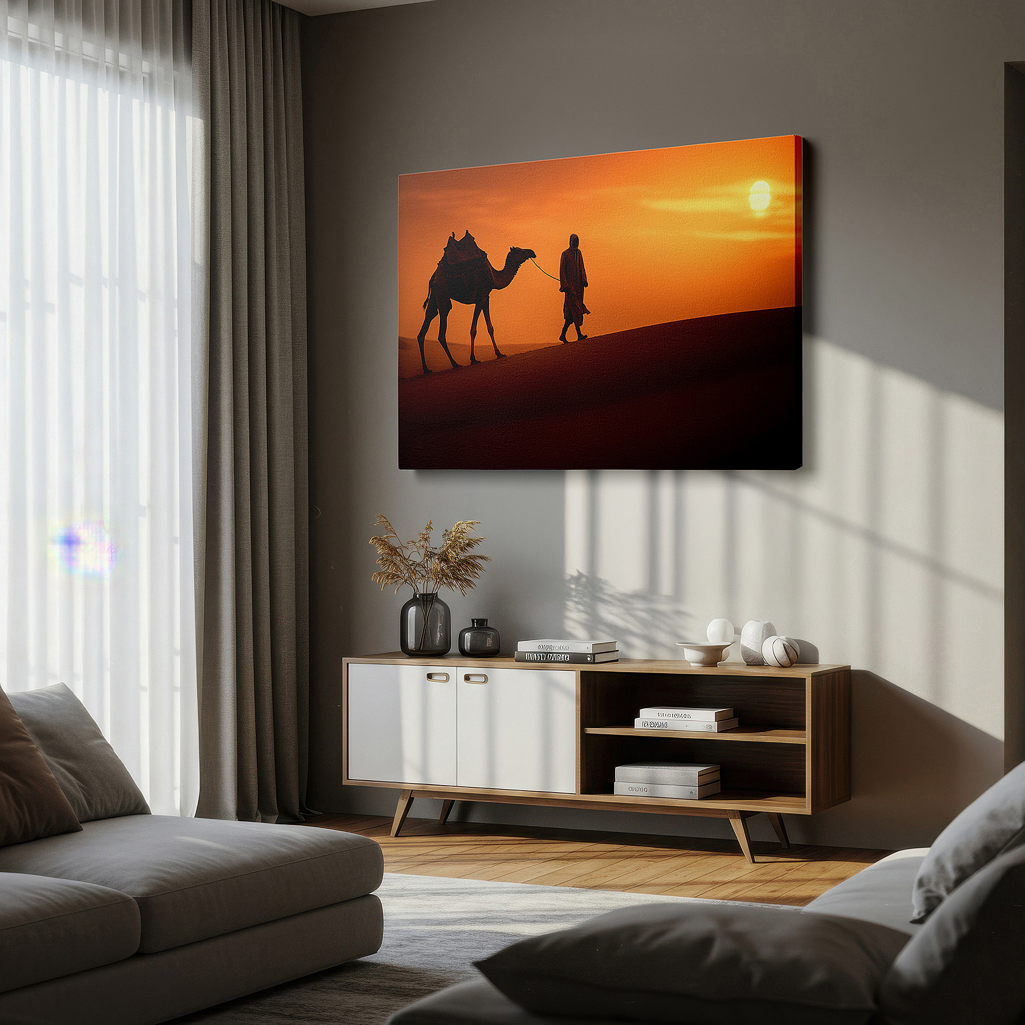 Aligned with a curated gallery wall of abstract artworks — desert voyage at dusk: a story of persistence and splendor in nature - large wall art, canvas, home and office decor