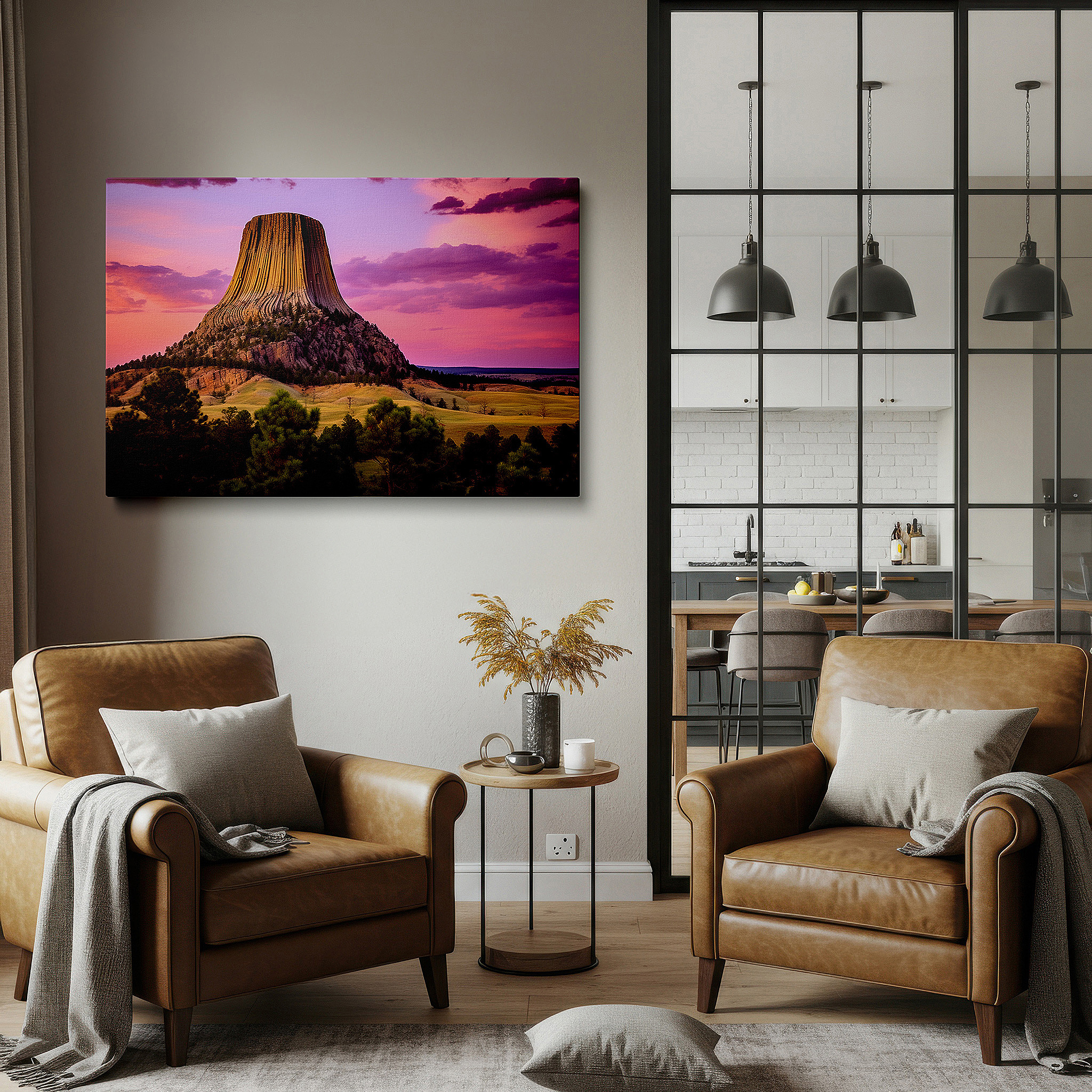 Aligned with a curated gallery wall of abstract artworks — devil's tower at sunset: majestic nature's grandeur - large canvas wall art for office and bedroom decor
