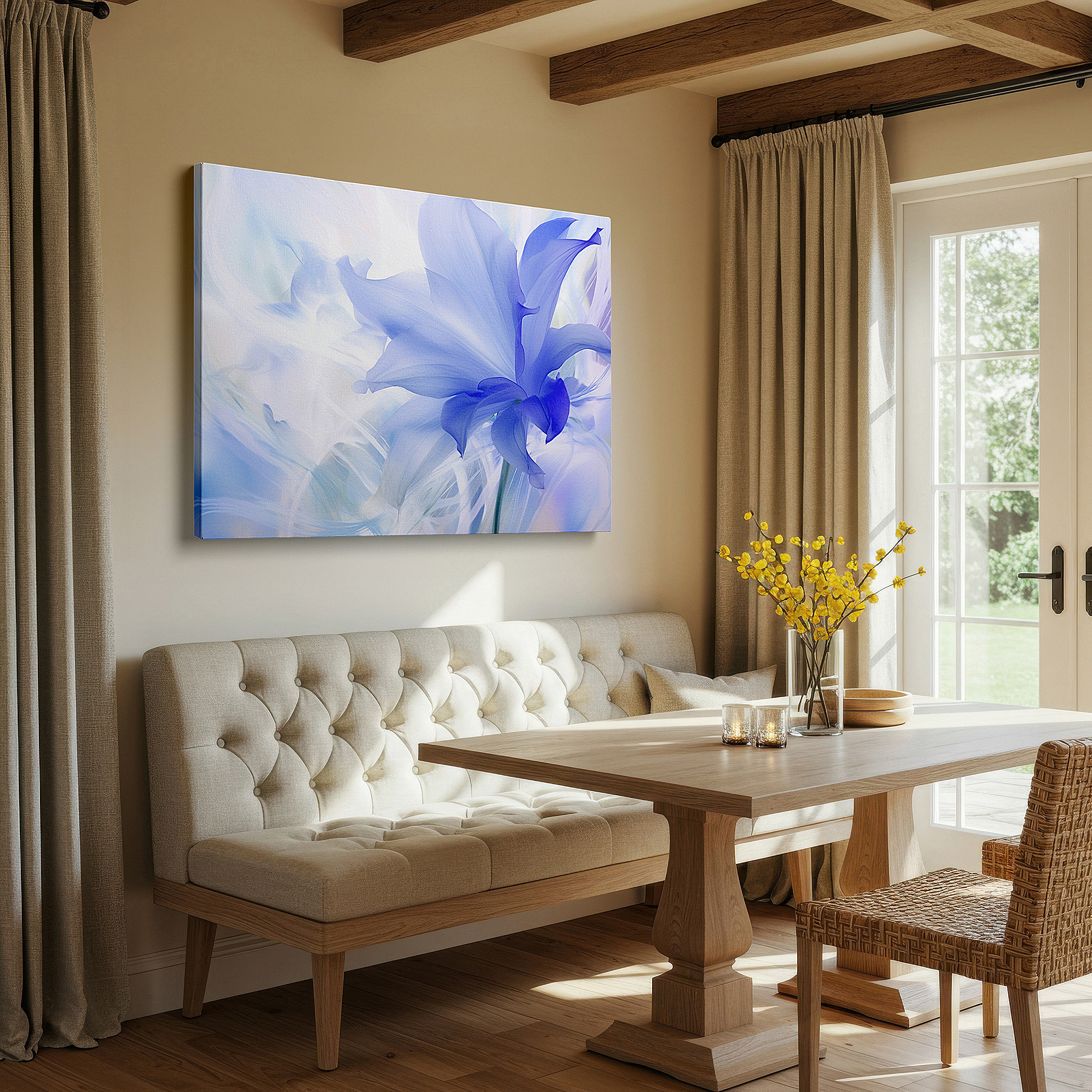 Aligned with a curated gallery wall of abstract artworks — dreamy solitary blue flower opening petals large wall art, canvas decor for office and bedroom