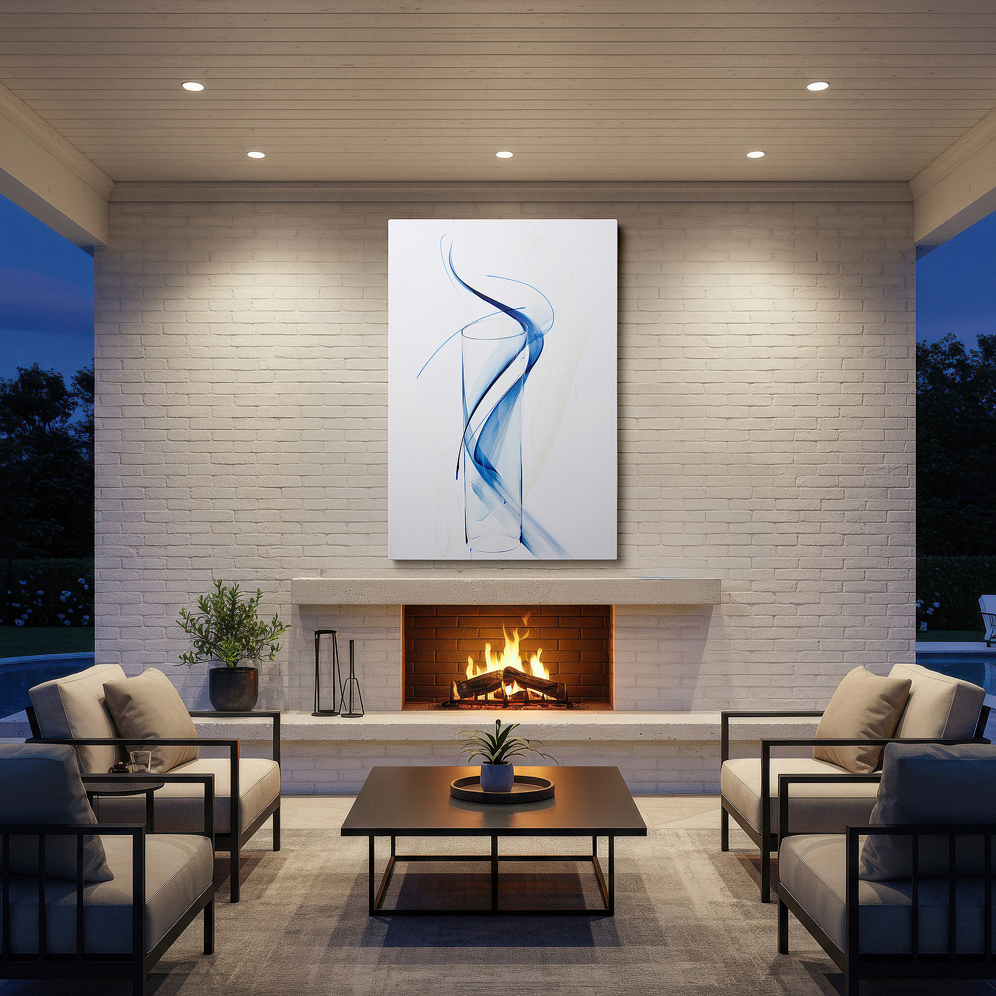 Aligned with a curated gallery wall of abstract artworks — dynamic blue strokes and transparent vessel: a symphony of motion and stillness - large wall art, canvas wall art, wall decor for office and bedroom