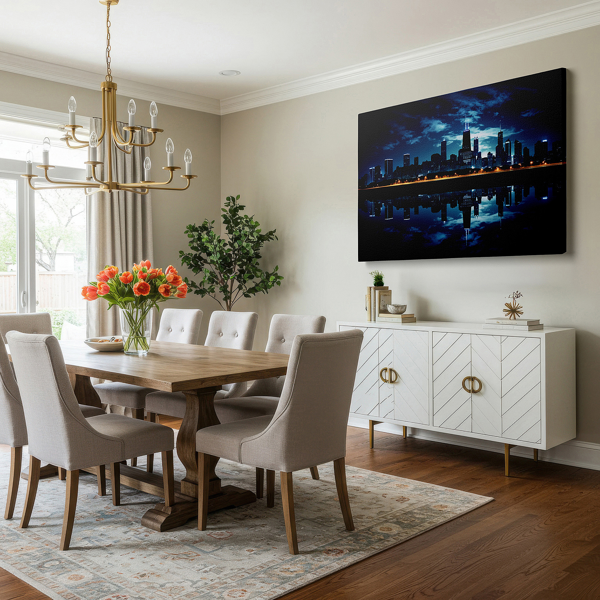 Aligned with a curated gallery wall of abstract artworks — dynamic chicago skyline at night with bright city lights and peaceful water reflections - large canvas wall art for office decor