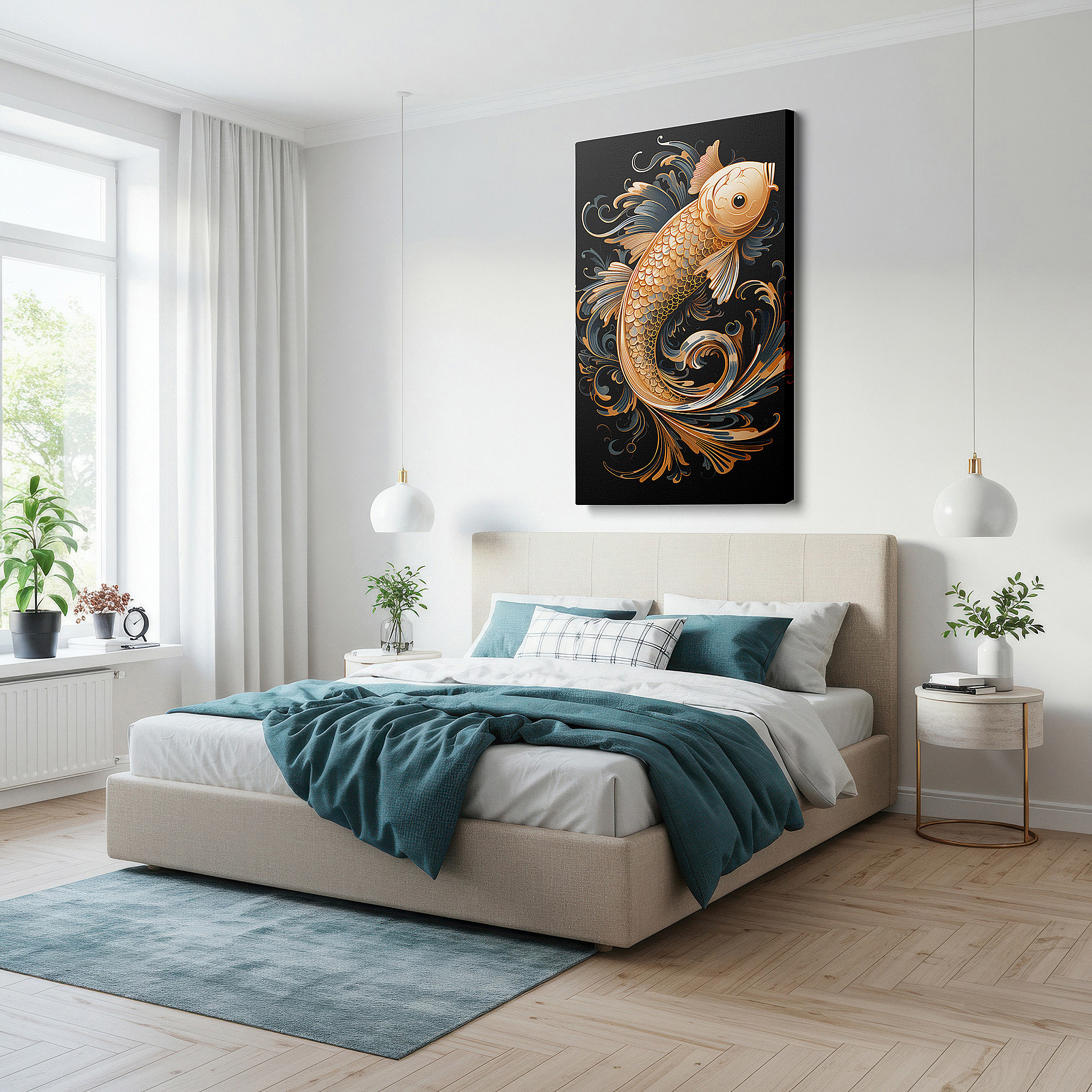 Aligned with a curated gallery wall of abstract artworks — elegant goldfish with flowing water designs, peaceful water-themed large wall art, canvas wall art, wall decor for office and bedroom