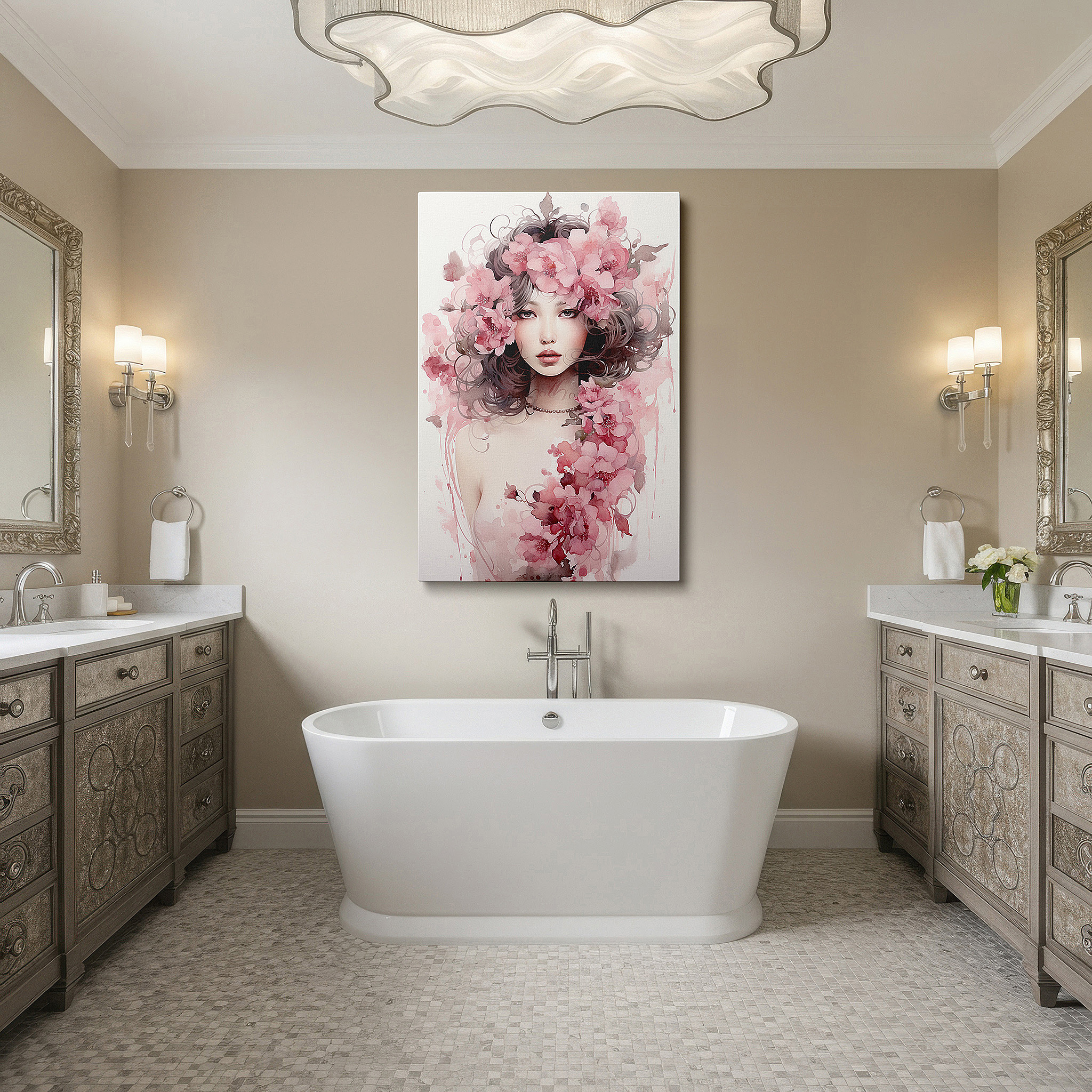 Aligned with a curated gallery wall of abstract artworks — elegant woman adorned with pink floral crown, silky hair cascading like a waterfall - large canvas wall art for office and bedroom decor