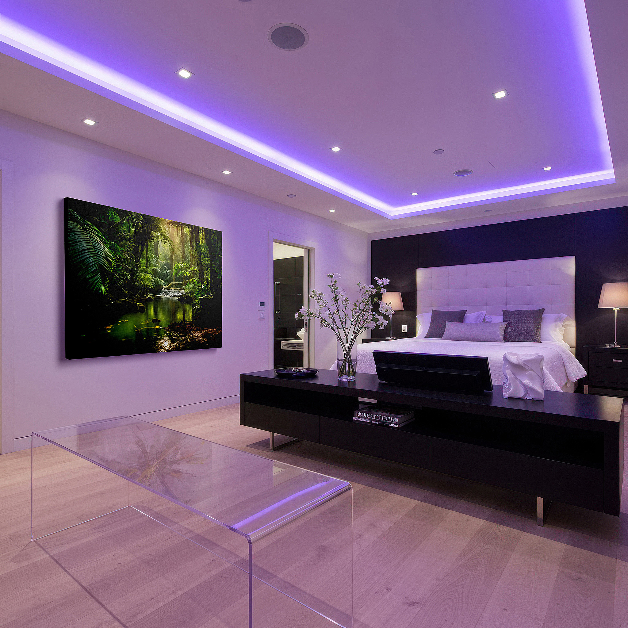 Aligned with a curated gallery wall of abstract artworks — enchanted rainforest retreat wall art featuring a cascading waterfall and lush green canopy, ideal for office and bedroom decor