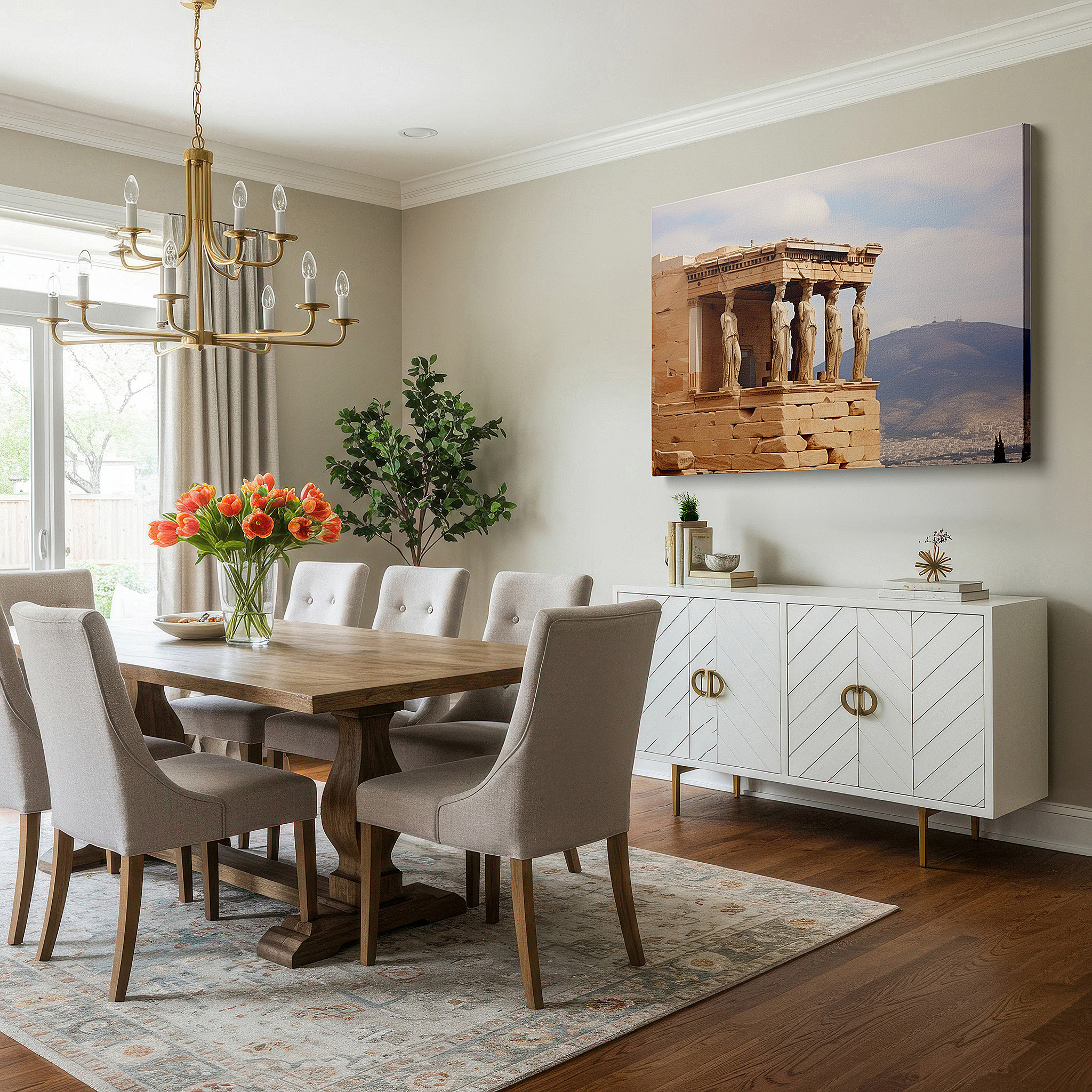 Aligned with a curated gallery wall of abstract artworks — erechtheion's eternal grandeur: classic greek masterpiece featuring iconic caryatids - large wall art, canvas, wall decor, office art