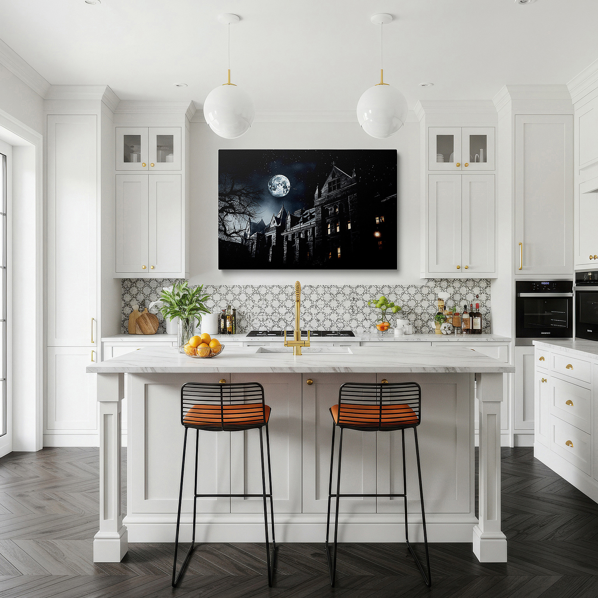 Aligned with a curated gallery wall of abstract artworks — ethereal moonlit mansion: mysterious and inviting large wall art, canvas decor for home and office