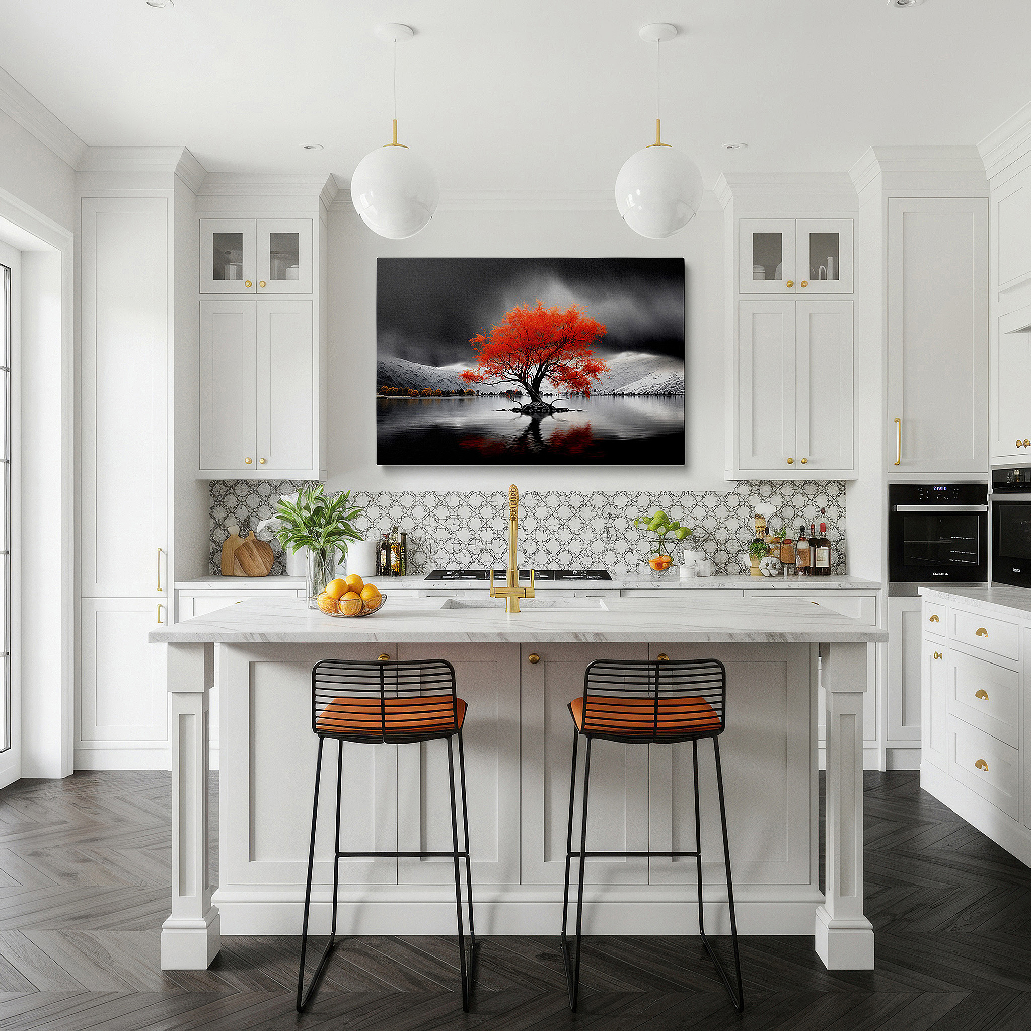 Aligned with a curated gallery wall of abstract artworks — fiery autumn tree against stark mountains: a symbol of life's fragility and strength - large wall art, canvas print, home and office decor