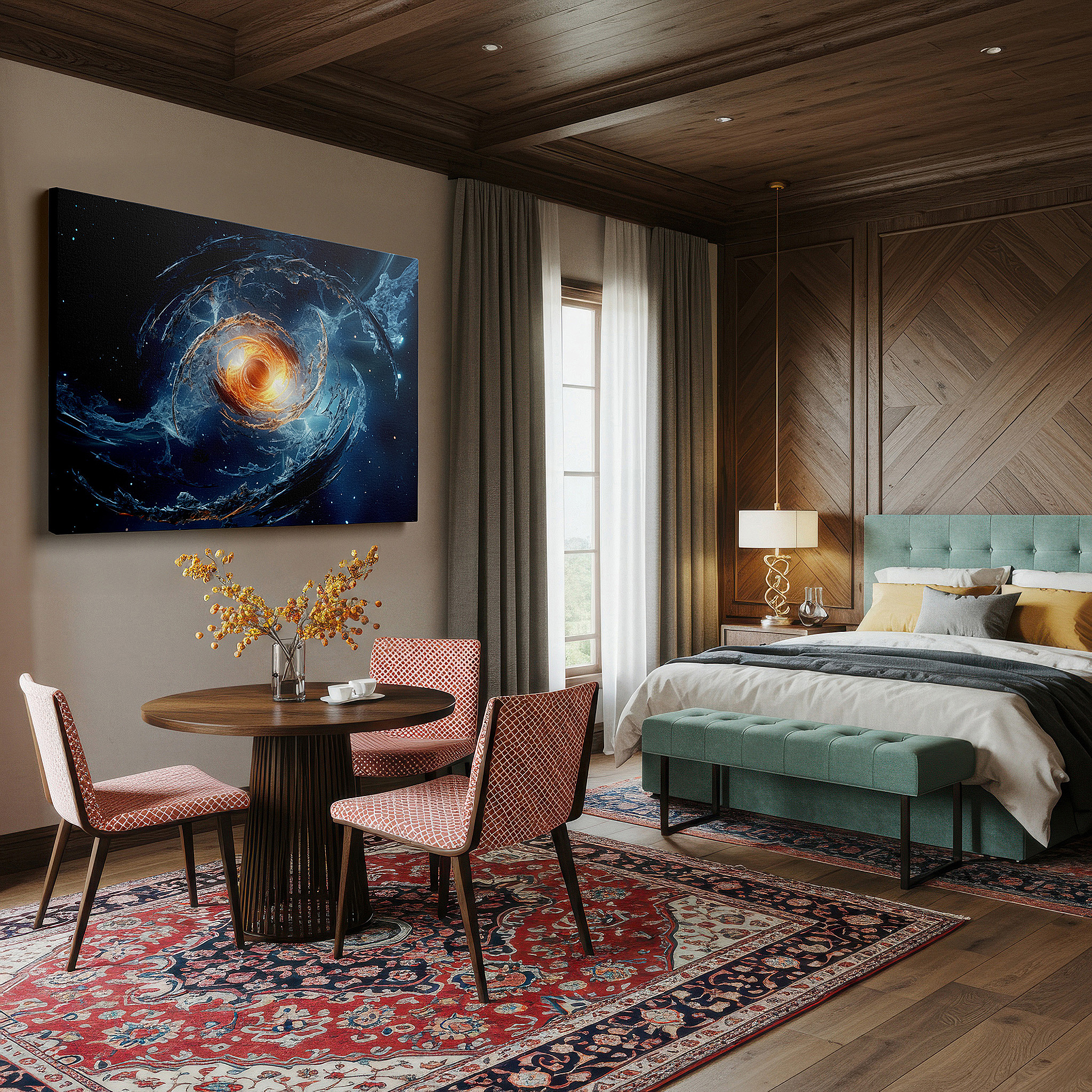 Aligned with a curated gallery wall of abstract artworks — fiery cosmic vortex and celestial swirls wall art in deep blues and vibrant oranges, large canvas for home and office decor