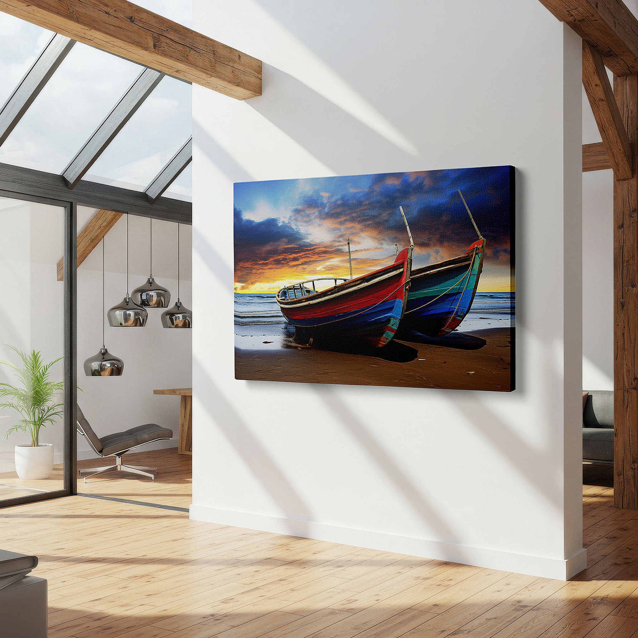 Aligned with a curated gallery wall of abstract artworks — fiery sunset over abandoned boats, serene beachscape reflecting time - large canvas wall art for office and bedroom decor