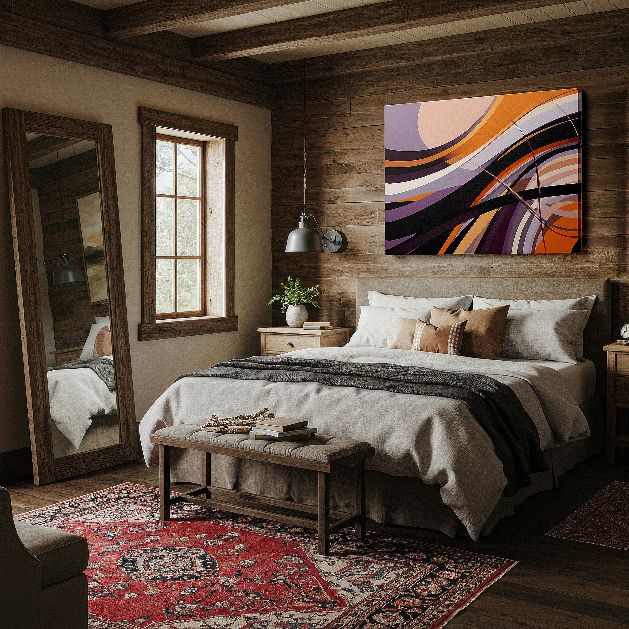 Aligned with a curated gallery wall of abstract artworks — flowing curves in vibrant orange, purple, and black - large canvas wall art for office and bedroom decor
