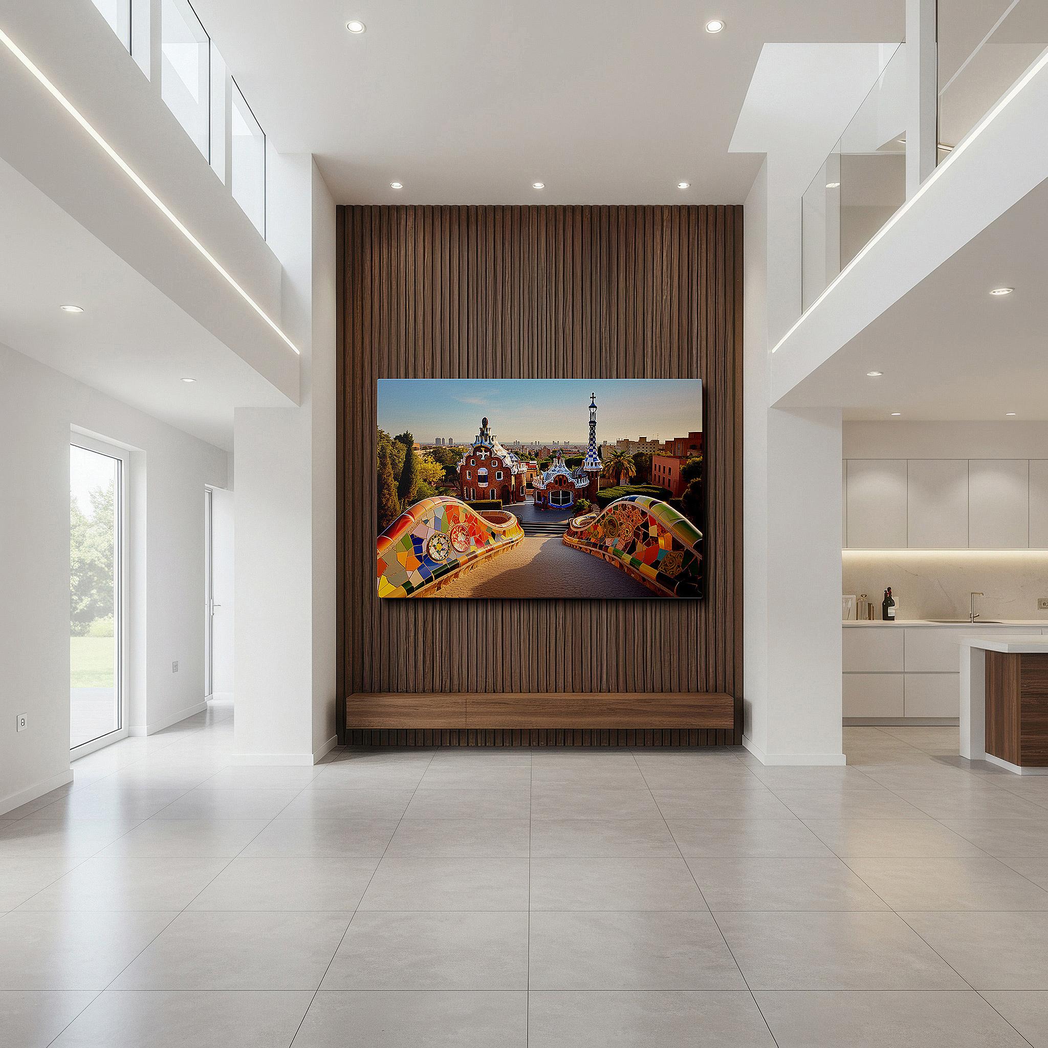 Aligned with a curated gallery wall of abstract artworks — gaudí's surreal park güell vibrant mosaic large wall art, canvas wall decor for office and bedroom