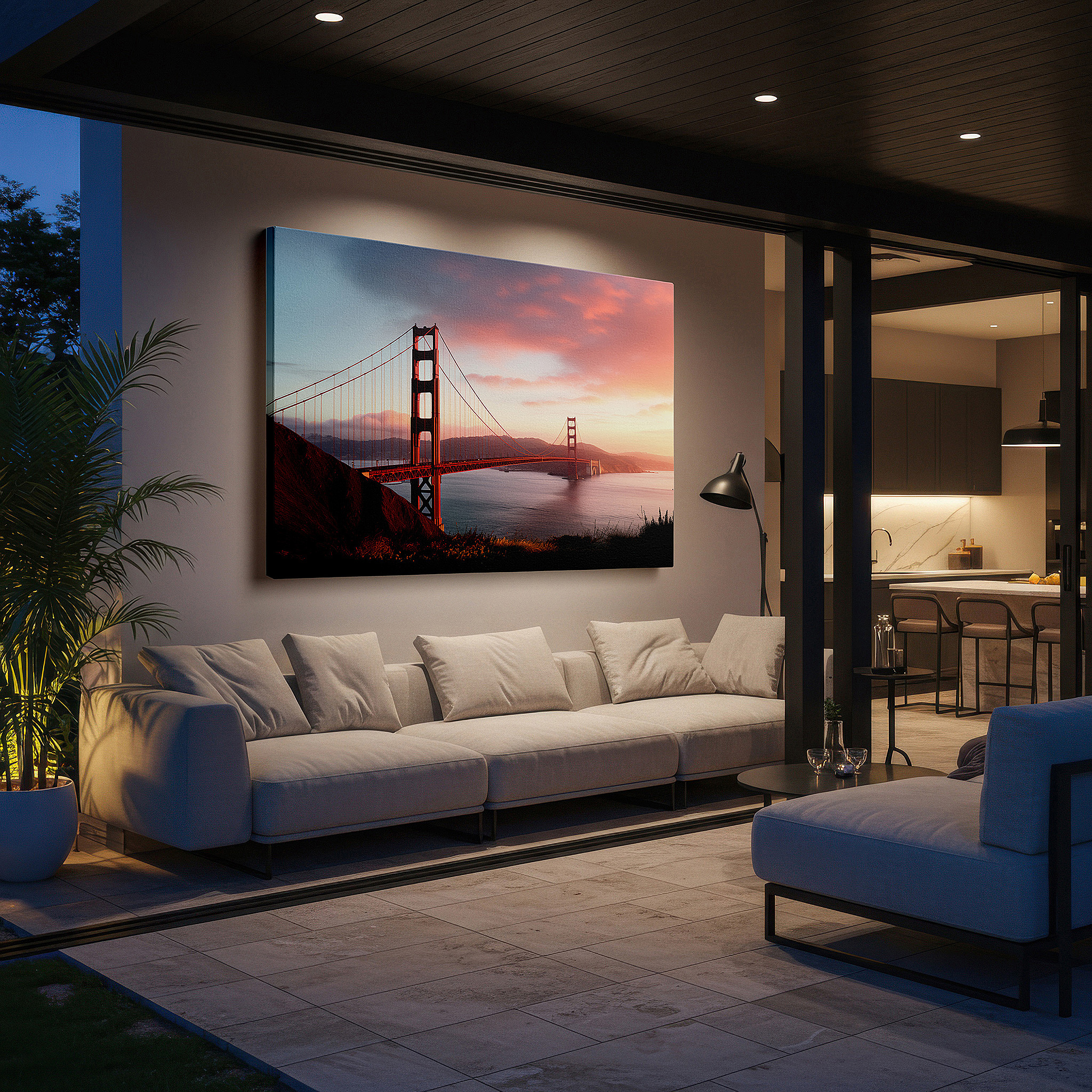 Aligned with a curated gallery wall of abstract artworks — golden gate bridge at sunset: a stunning display of san francisco's iconic beauty - large canvas wall art for home and office decor