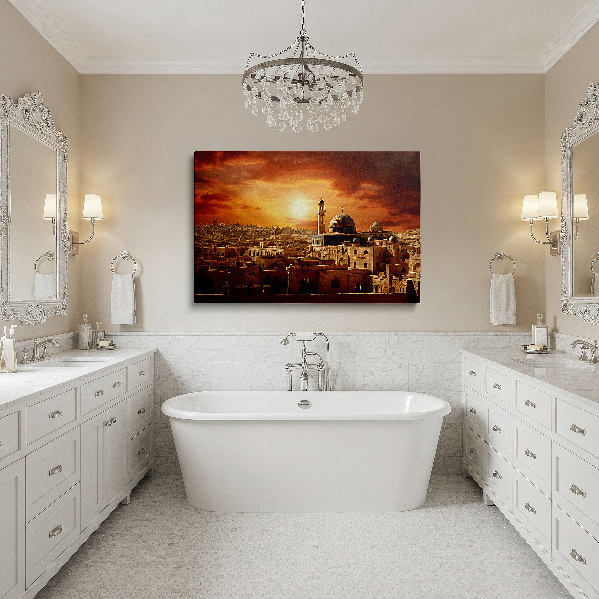 Aligned with a curated gallery wall of abstract artworks — golden sunset above the dome of the rock: a gleaming emblem of jerusalem's timeless spirit - large wall art, canvas wall art, wall decor, office wall art