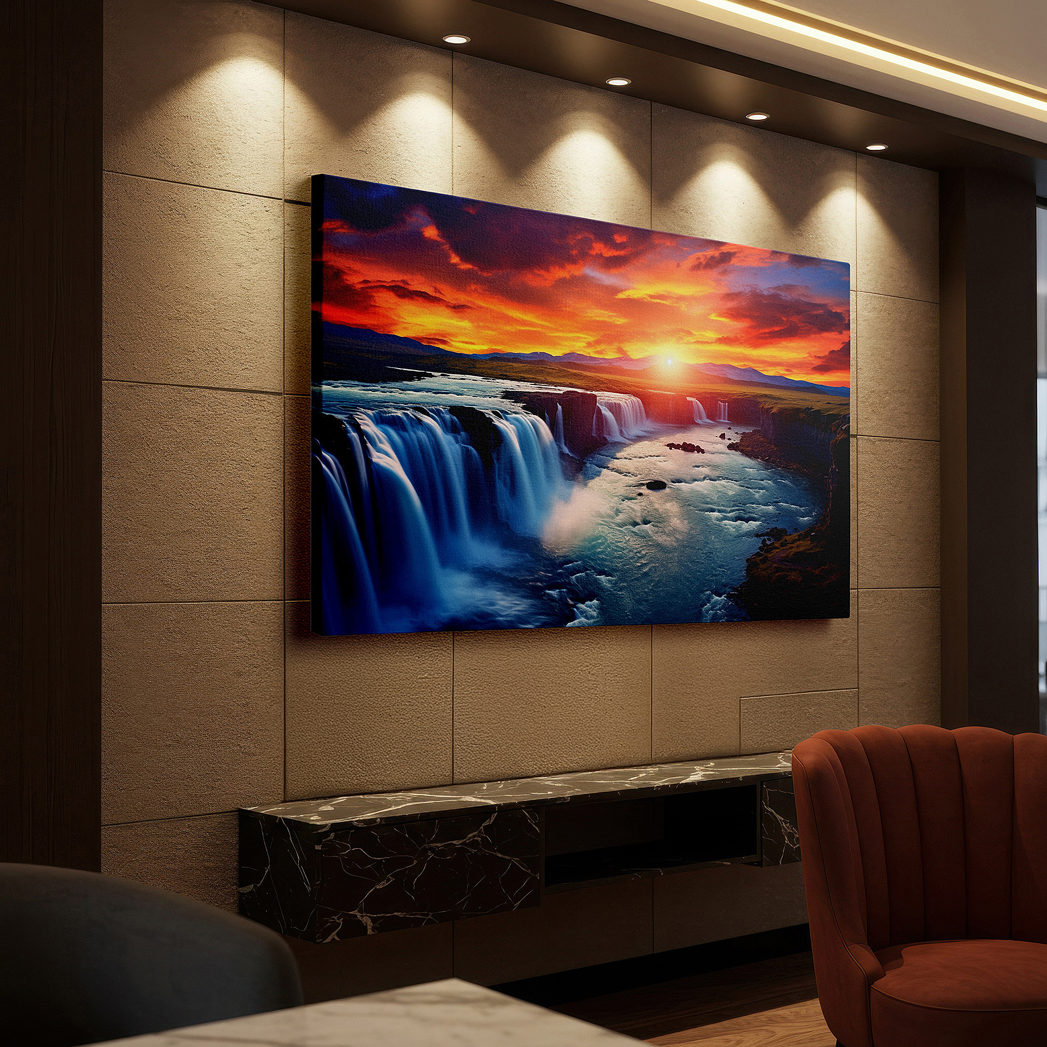 Aligned with a curated gallery wall of abstract artworks — golden sunset over majestic waterfalls and tranquil river surrounded by lush scenery large canvas wall art for office and bedroom decor