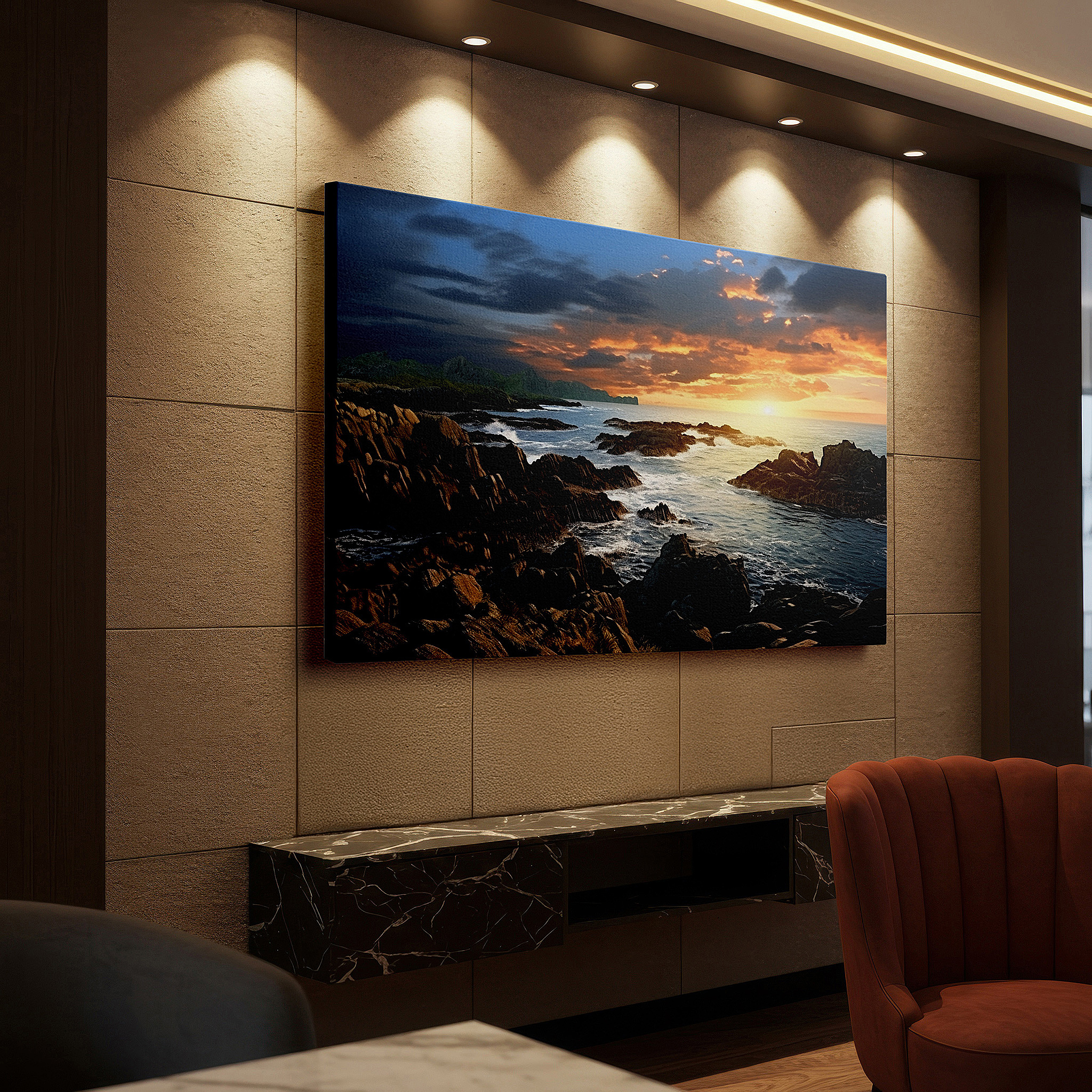 Aligned with a curated gallery wall of abstract artworks — golden sunset on rugged coastline: a vivid symphony of light and shadow - large canvas wall art for home and office decor