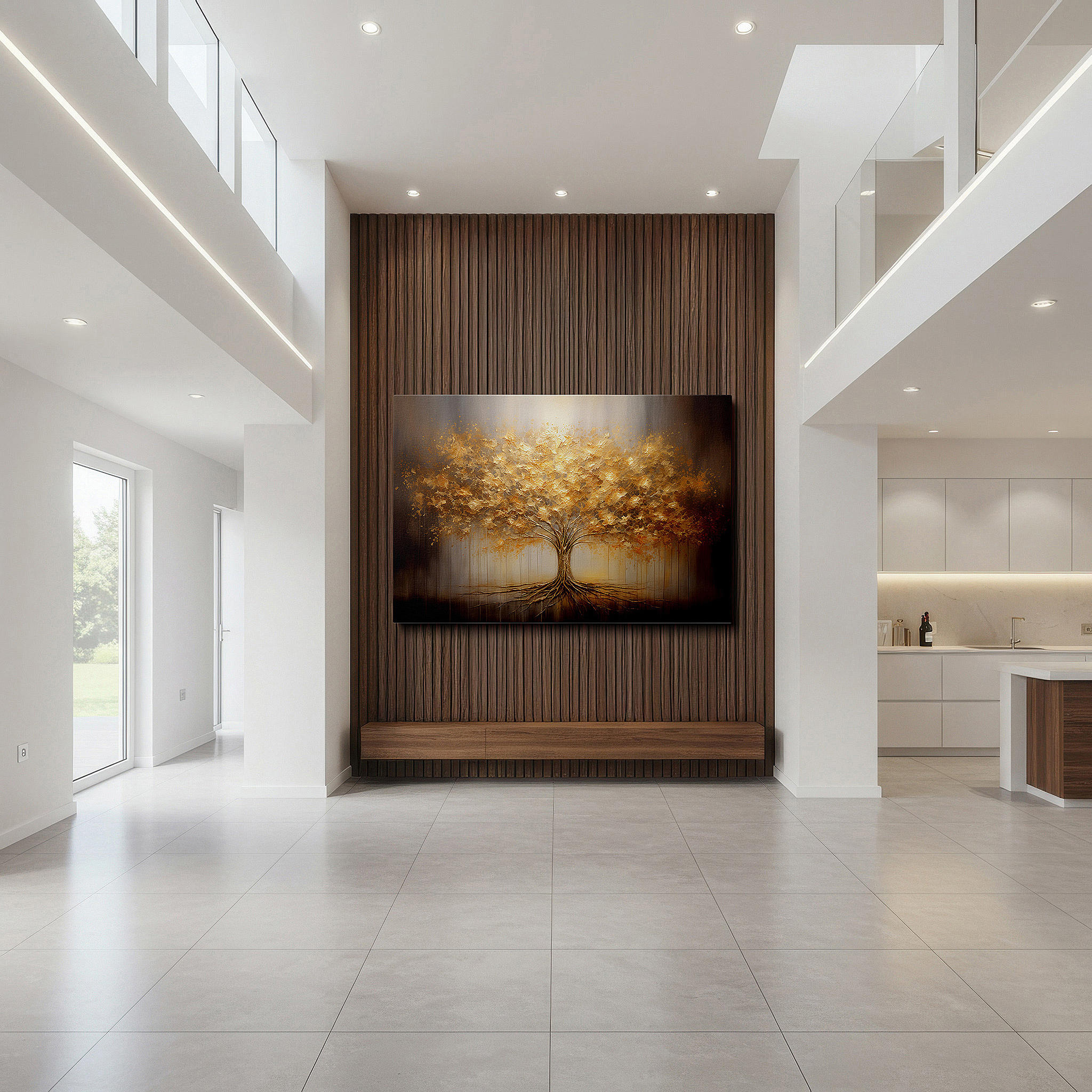 Aligned with a curated gallery wall of abstract artworks — golden tree of life and prosperity radiant large canvas wall art for office, bedroom, and living room decor