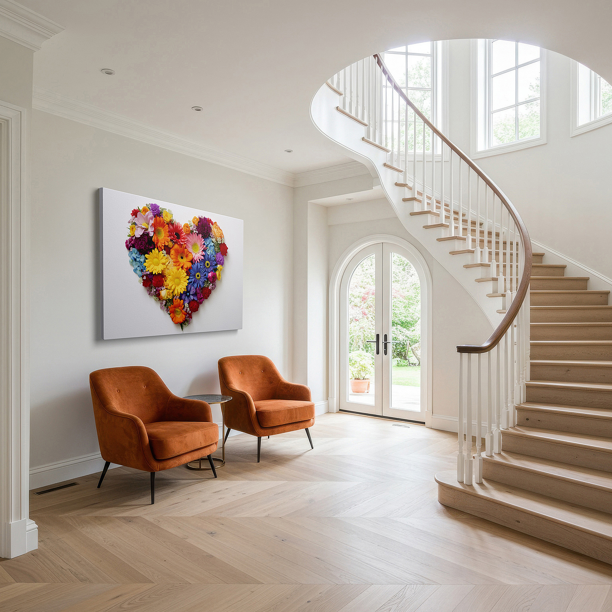 Aligned with a curated gallery wall of abstract artworks — heart-shaped floral symphony wall art featuring roses, daisies, and lilies - celebrating love and nature, ideal for home or office decor, available as large canvas wall art