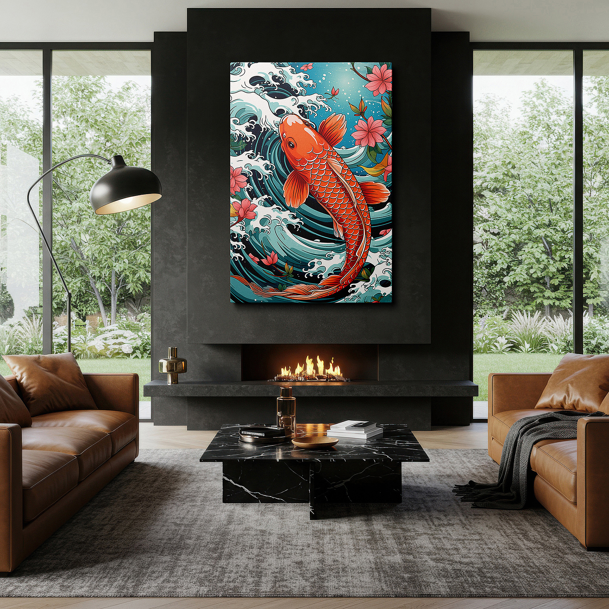Aligned with a curated gallery wall of abstract artworks — koi fish and cherry blossoms: navigating tranquil waters amidst stormy seas - oversized wall art, canvas art, home and office decor, suitable for living rooms and bedrooms