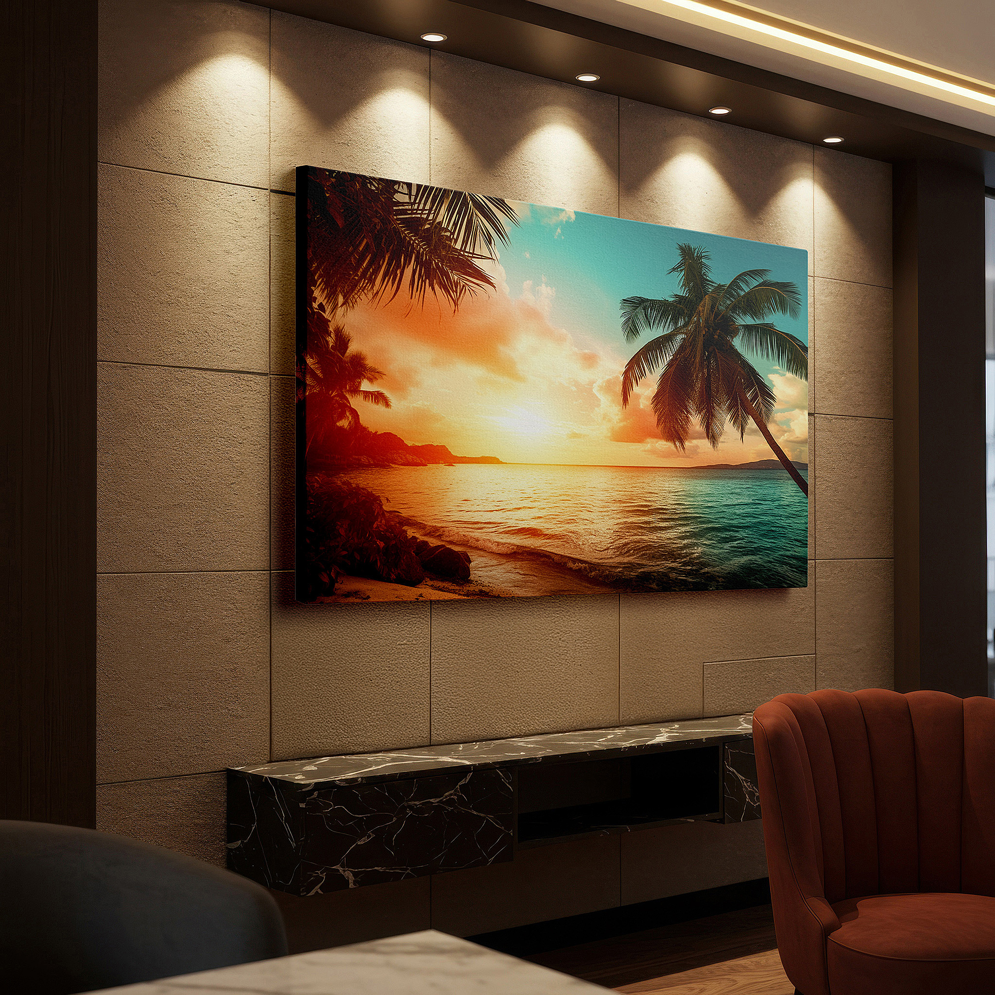 Aligned with a curated gallery wall of abstract artworks — lone palm silhouette at sunset, orange and teal sky above calm ocean waves, large canvas wall art for home and office decor