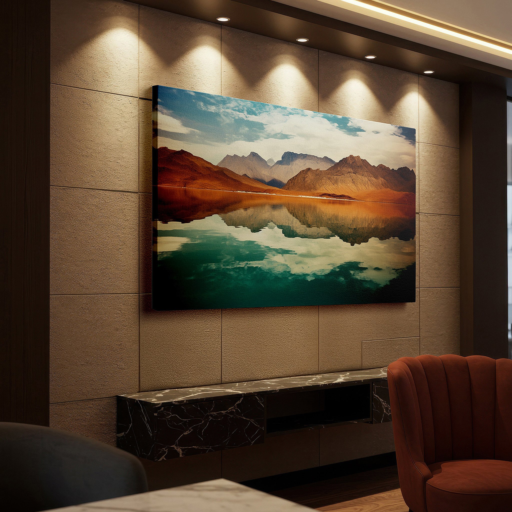 Aligned with a curated gallery wall of abstract artworks — majestic mountains and serene waters: celebrating nature's splendor - large wall art, canvas wall art, wall decor for offices and bedrooms