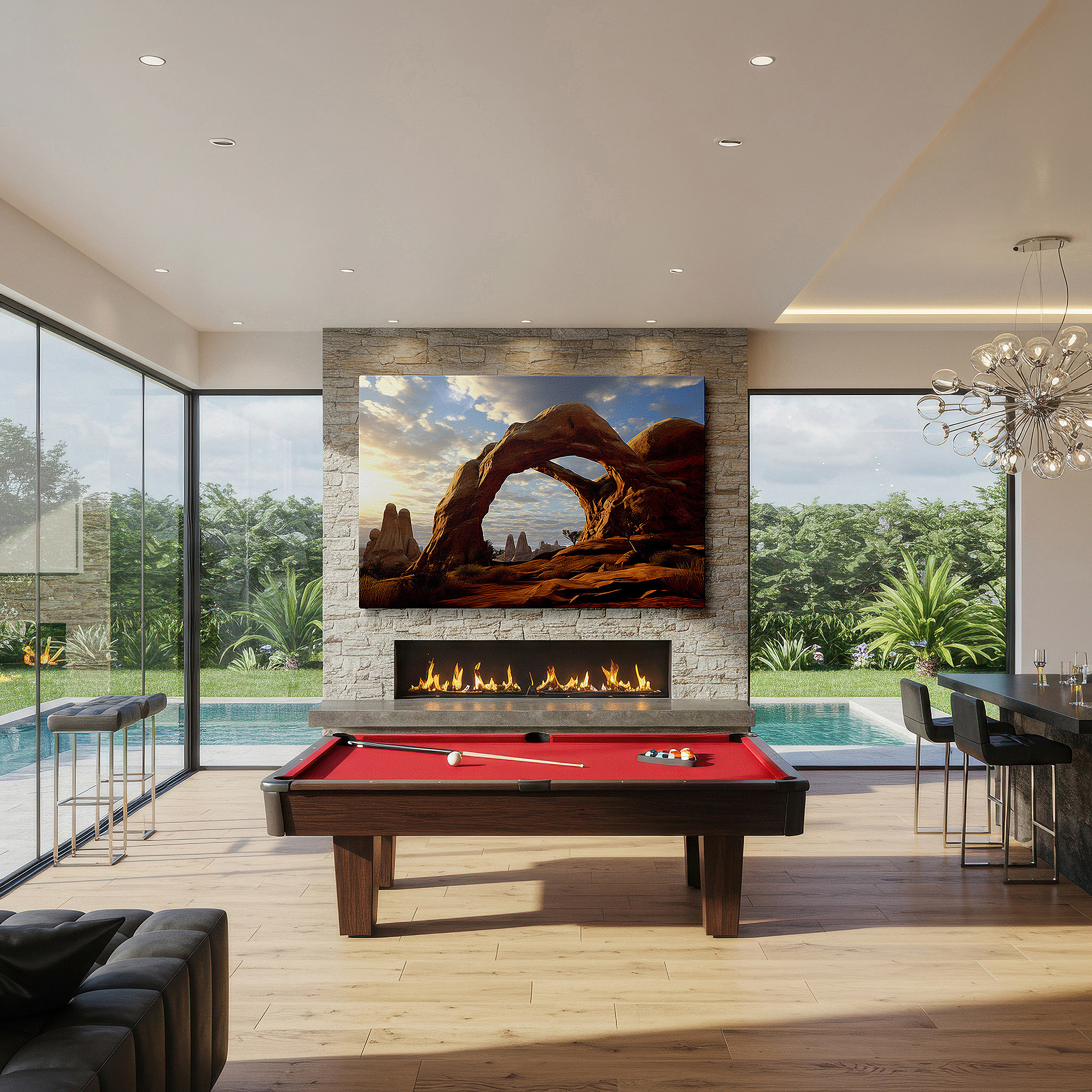 Aligned with a curated gallery wall of abstract artworks — majestic natural arch canvas featuring lush landscapes and serene skies, large wall art for office, bedroom, and living room decor