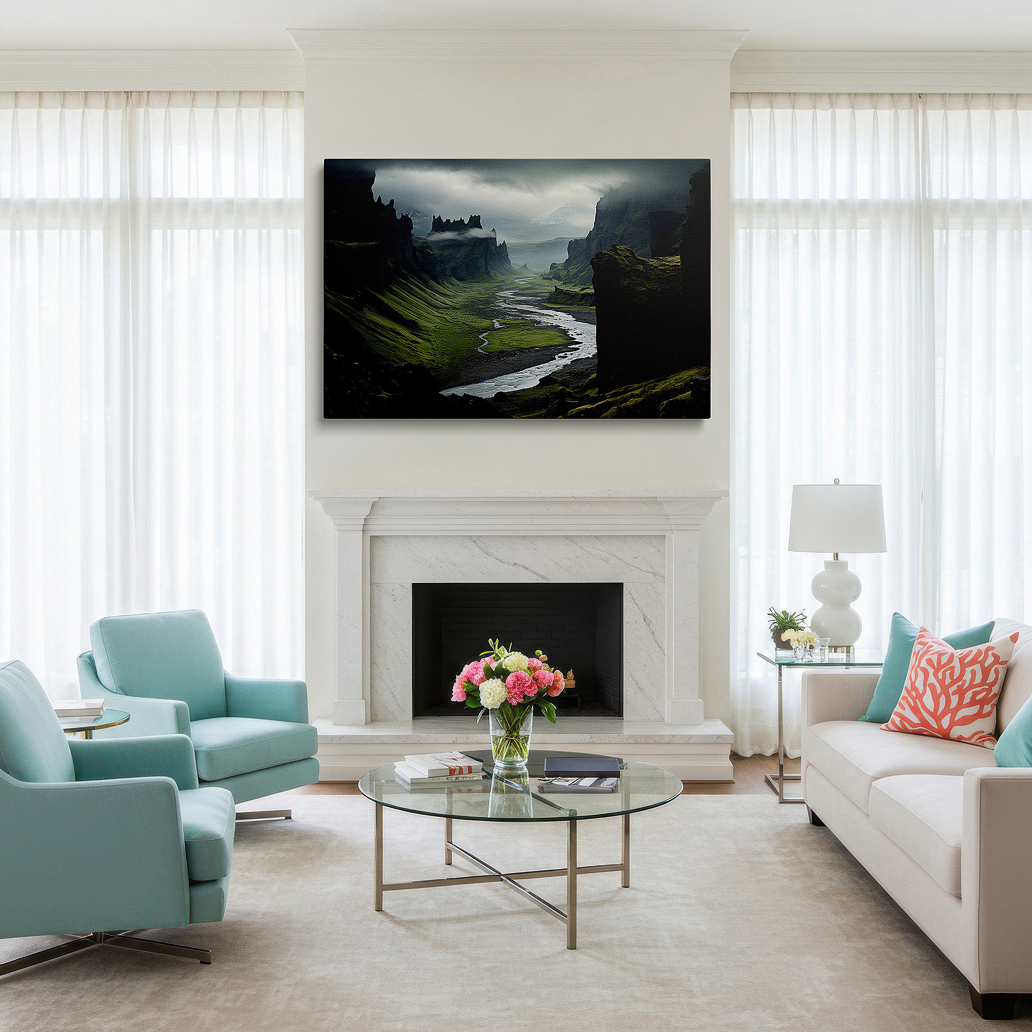 Aligned with a curated gallery wall of abstract artworks — majestic valley featuring a meandering river and soaring cliffs beneath overcast skies - large canvas wall art for home and office decor, perfect for living room and bedroom