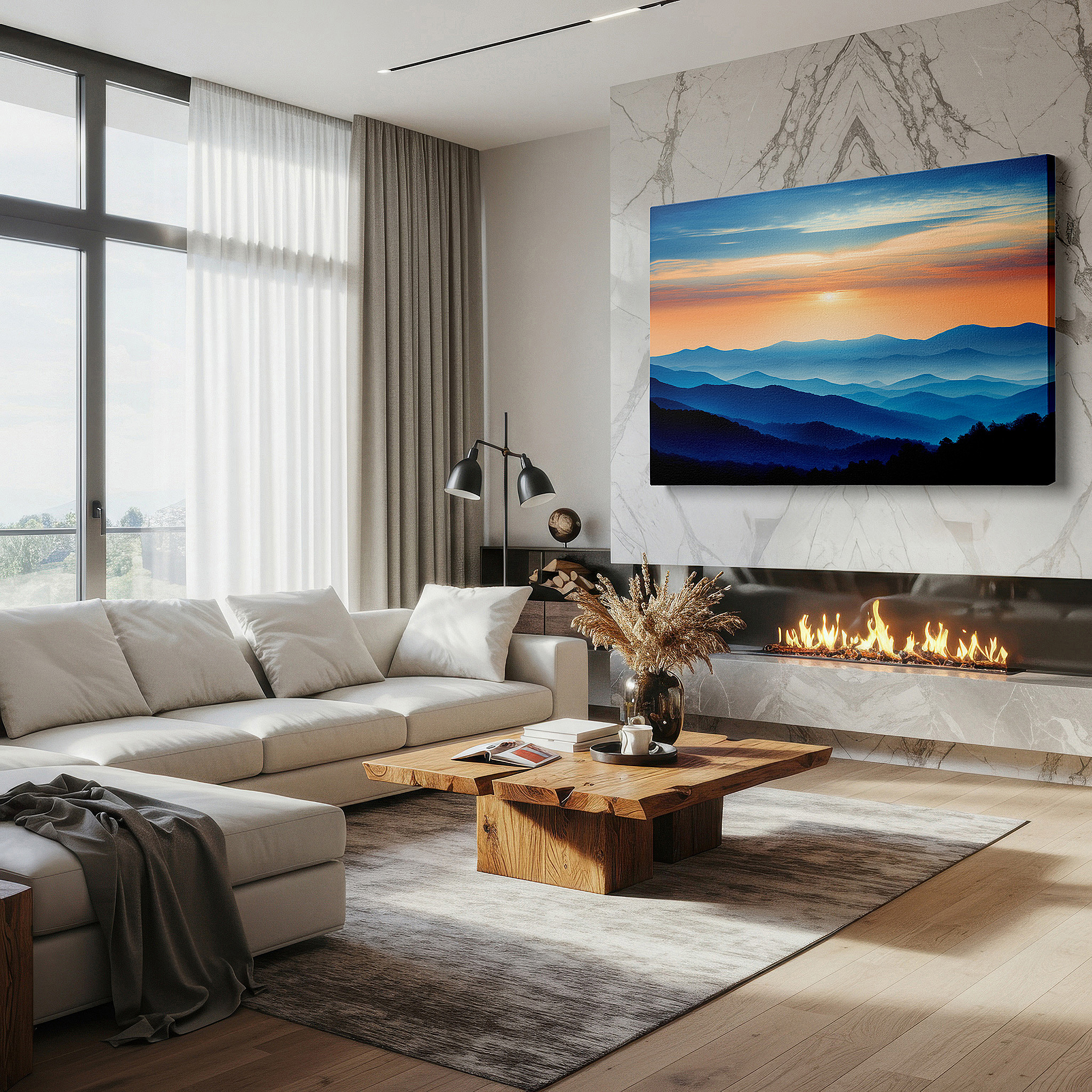 Aligned with a curated gallery wall of abstract artworks — misty blue mountains at tranquil dawn, serene landscape canvas for reflection - large wall art for office and bedroom decor
