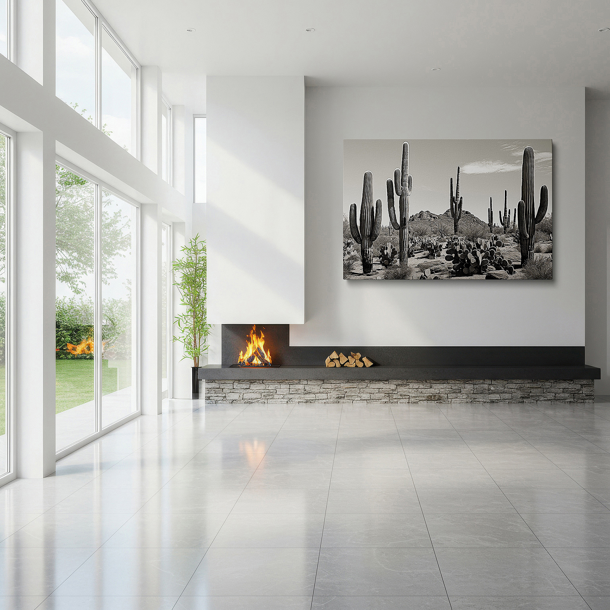 Aligned with a curated gallery wall of abstract artworks — monochrome saguaro cacti majesty in a peaceful desert landscape: large wall art, canvas wall art, wall decor for office and bedroom