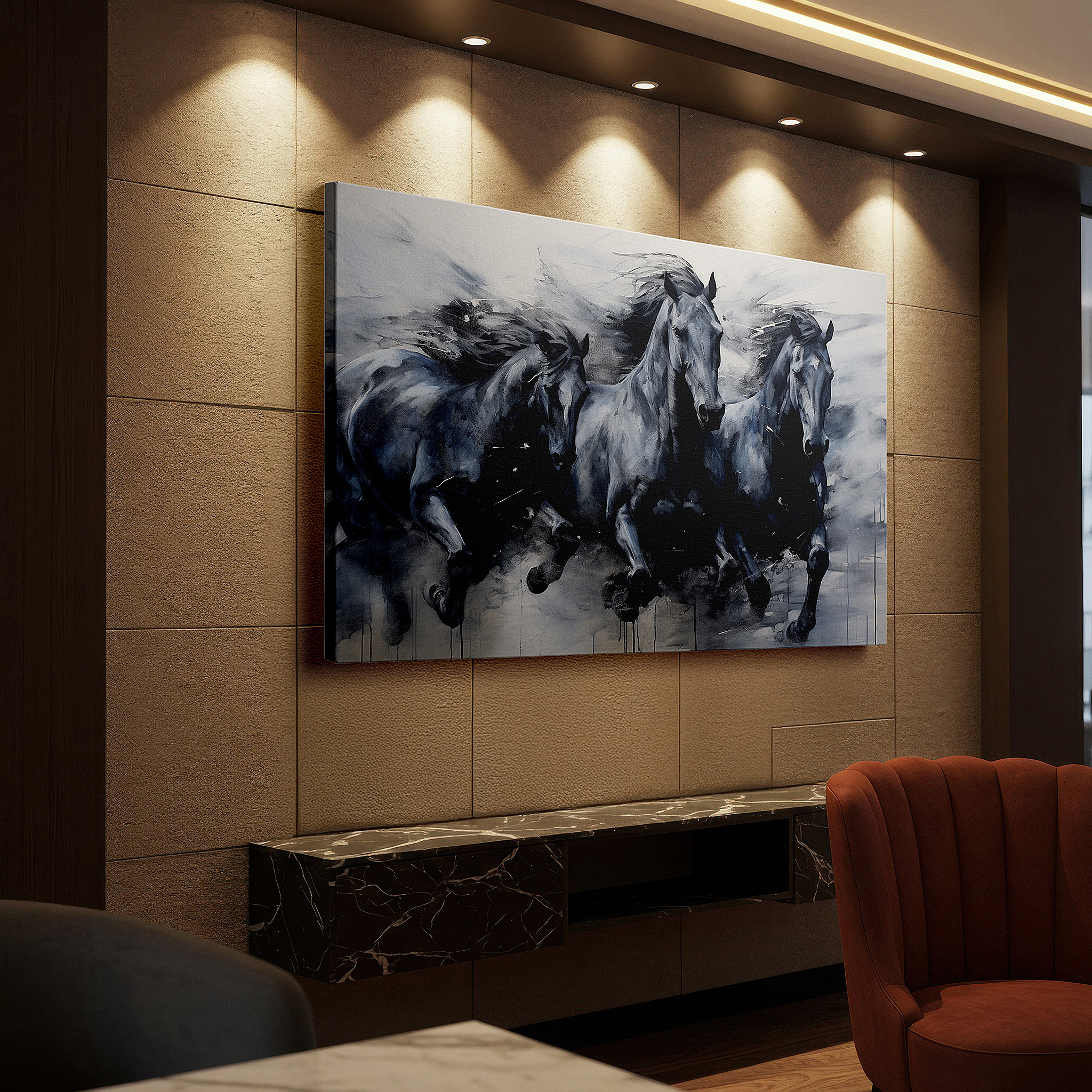Aligned with a curated gallery wall of abstract artworks — monochrome thunder - a dynamic symphony of speed and unity large wall art, canvas wall art, wall decor for office and bedroom